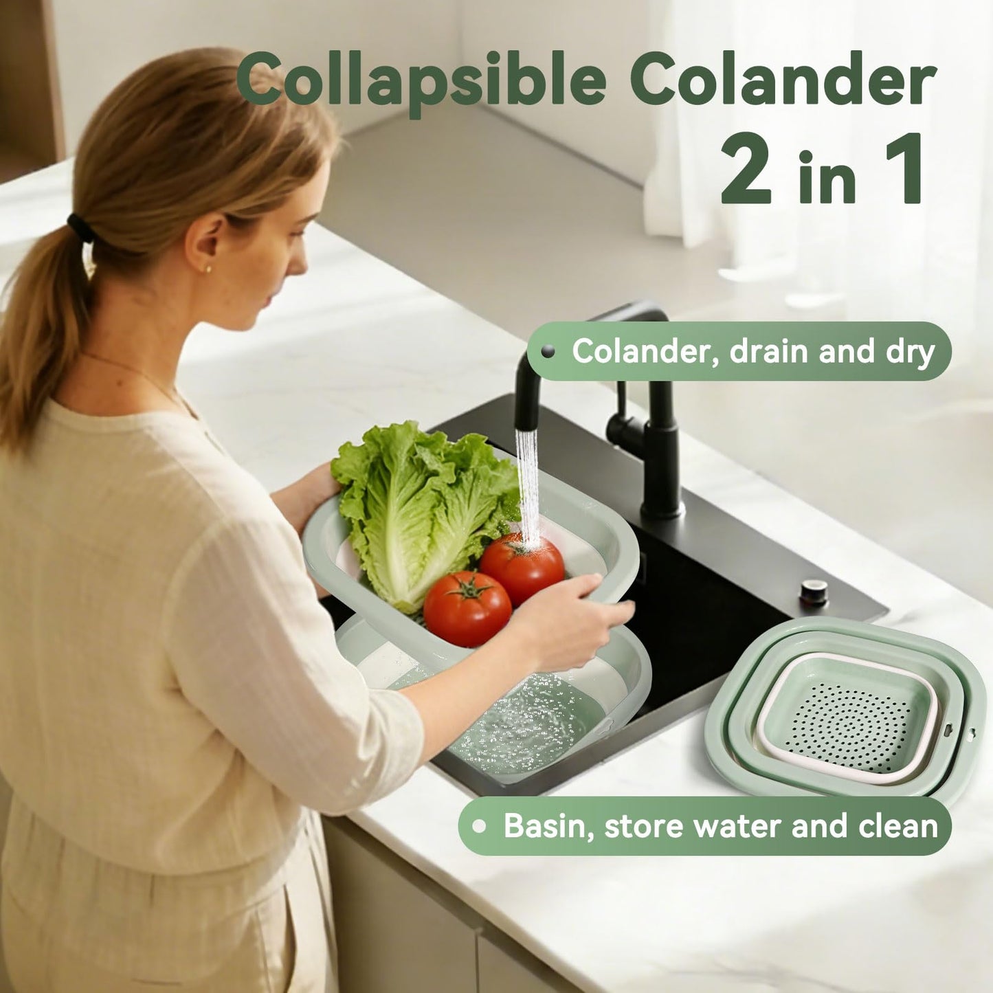 Monbalcon Collapsible Colander and Sink Basin Set - 2 in 1 Collapsible Colander Strainer with Collapsible Wash Basin for Kitchen, RV Camping, Foldable Fruit Vegetable Washing Basket, 8 QT, Blue
