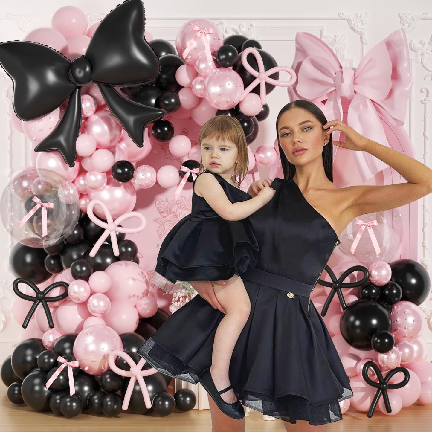 Pink and Black Balloons Arch Kit,189Pcs Pink and Black Birthday Party Decorations with Bow Foil Double Stuffed Pearl Pink Balloons Ribbon Pearl Stickers for Birthday Bachelor Bridal Baby Shower