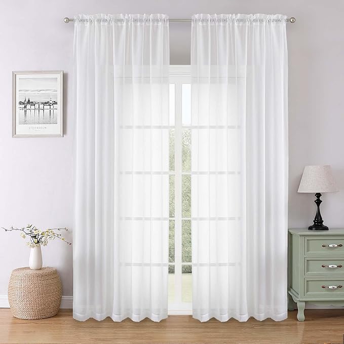 Lecloud White Sheer Curtains 90 Inches Long 2 Panels, Light Filtering Airy Voile Curtain Drapes, Extra Wide Elegant Window Treatments for Living Room Bedroom with Dual Rod Pocket, 59" W x 90" L