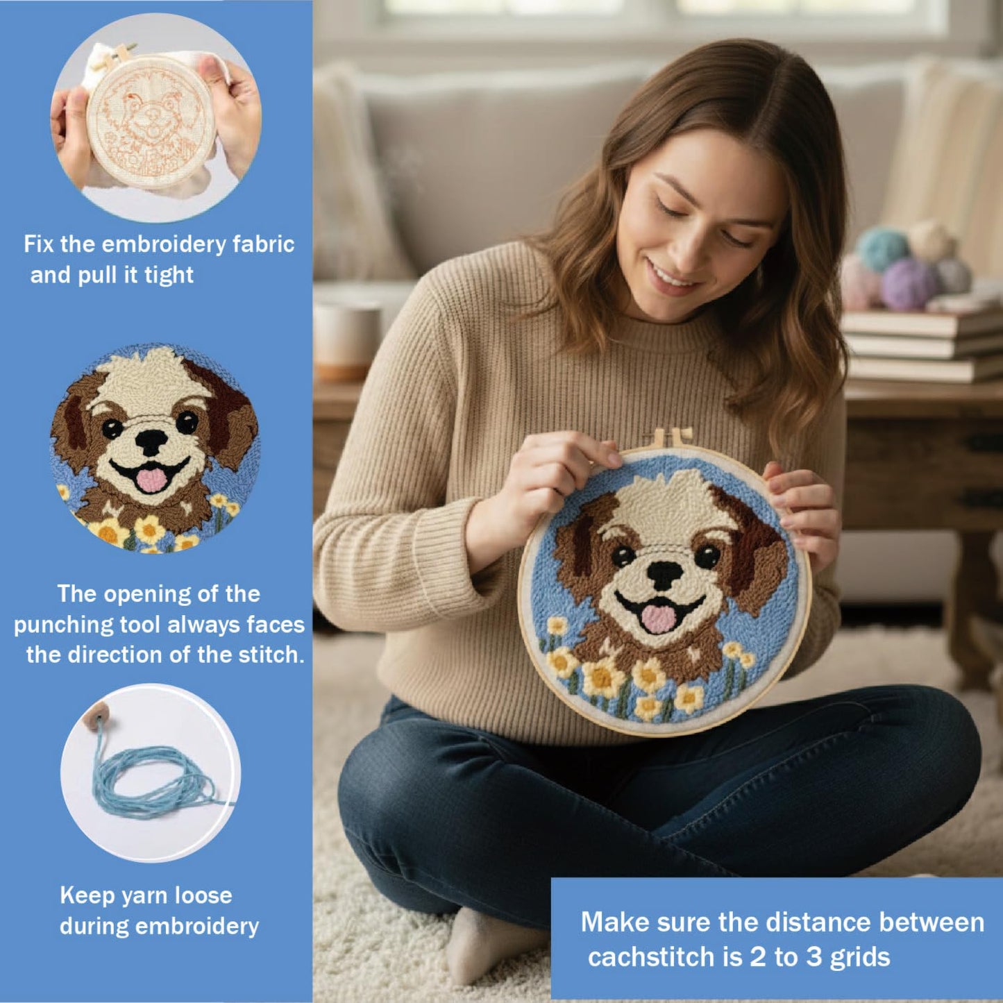 TINKAZ Smiling Dog Punch Needle Kit for Beginners, DIY Embroidery Starter Set with Yarn, Fabric & Hoop, Cute Handmade Needlepoint Craft Kit for Home Décor & Gift