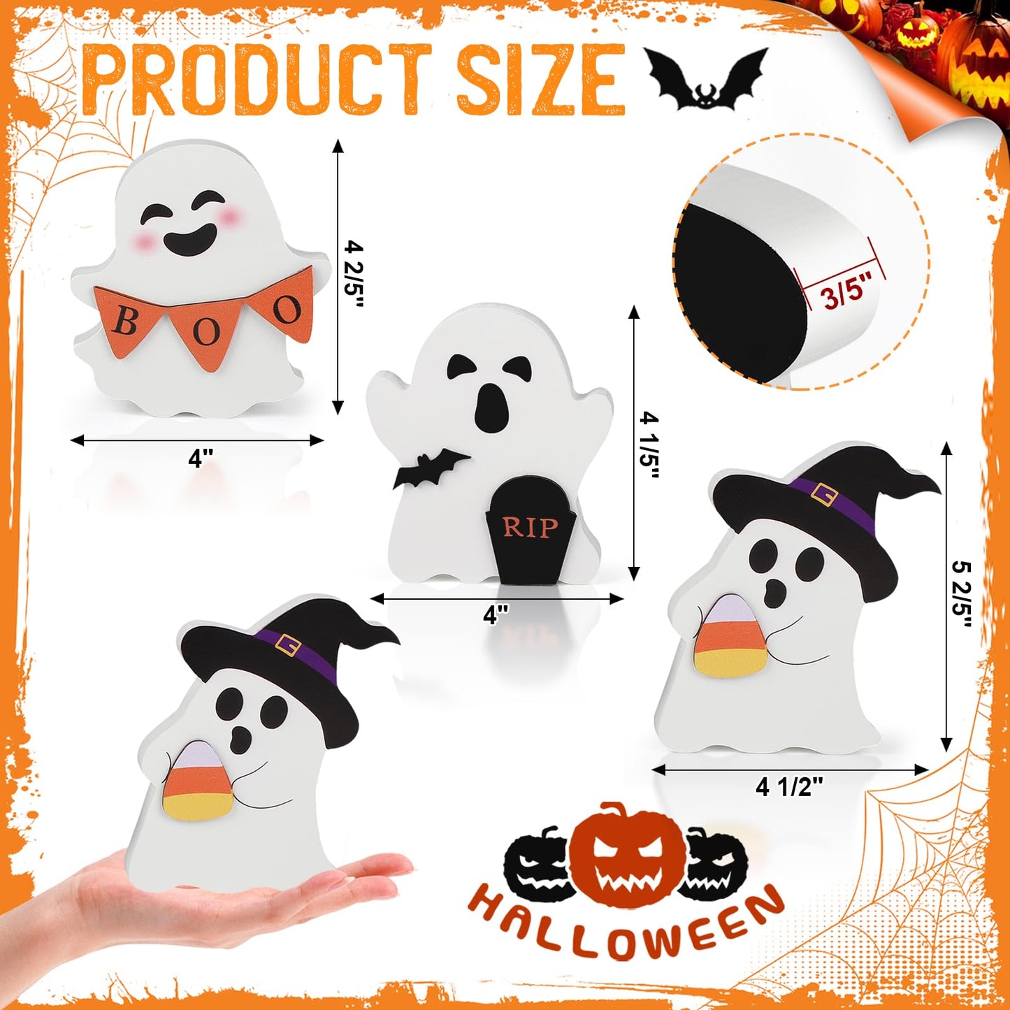 COCHIE Cute Ghost Halloween Decorations Indoor, Wooden Tiered Tray Decor Table Sign Set of 3, Black Cat Bat Witch Broom Signs Pumpkin Blocks for Party Home Shelf Display (B-Ghost)