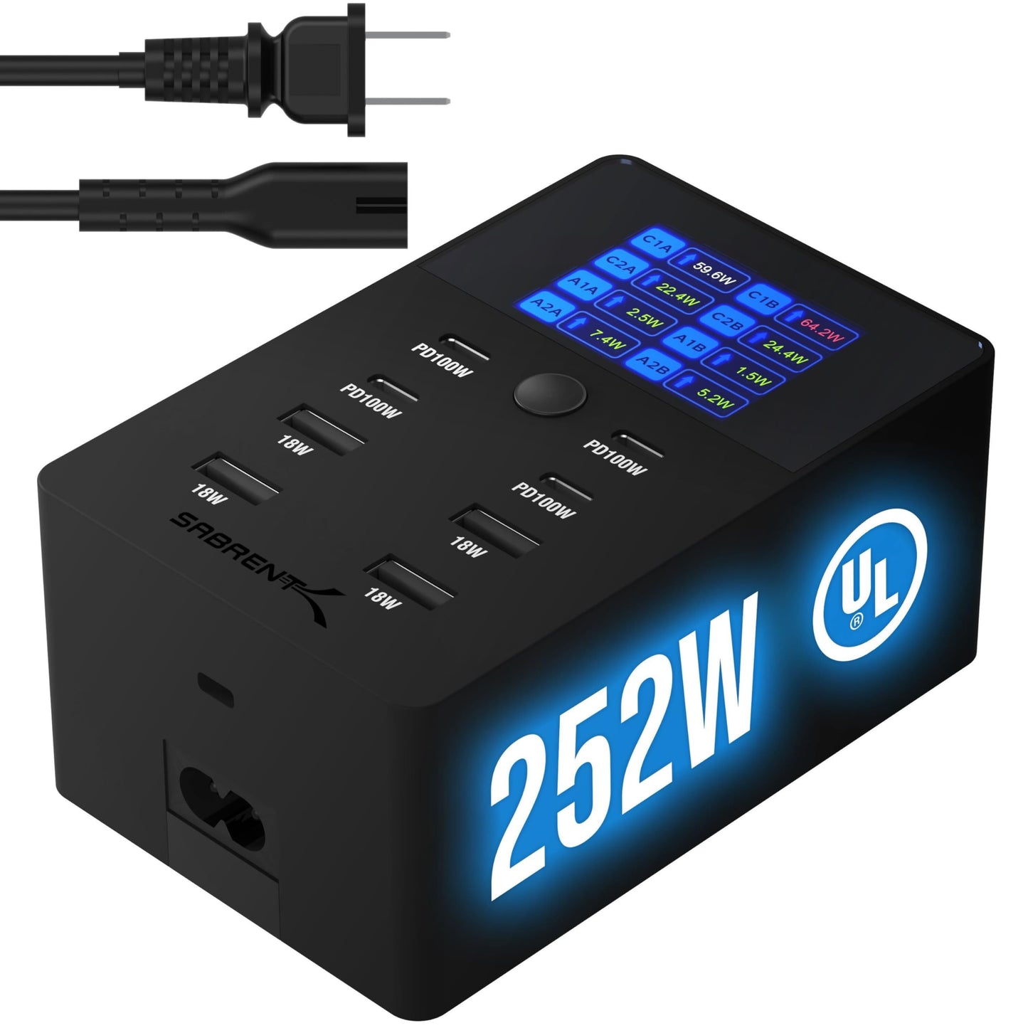 SABRENT VOLTIK Charging Station, 252W 8-Port USB C and USB A Desktop Charger, UL Certified with Real-Time LCD Display, Fast Charging for MacBook, iPhone, Samsung and More