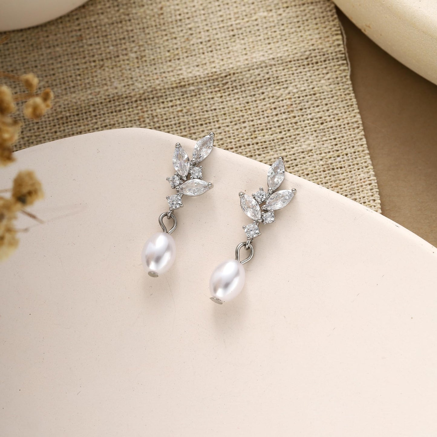 Solistra Pearl Earrings for Women Dainty Diamond Pearl Drop Earrings Silver Plated Dangle Earrings for Weddings Bridesmaid Gifts