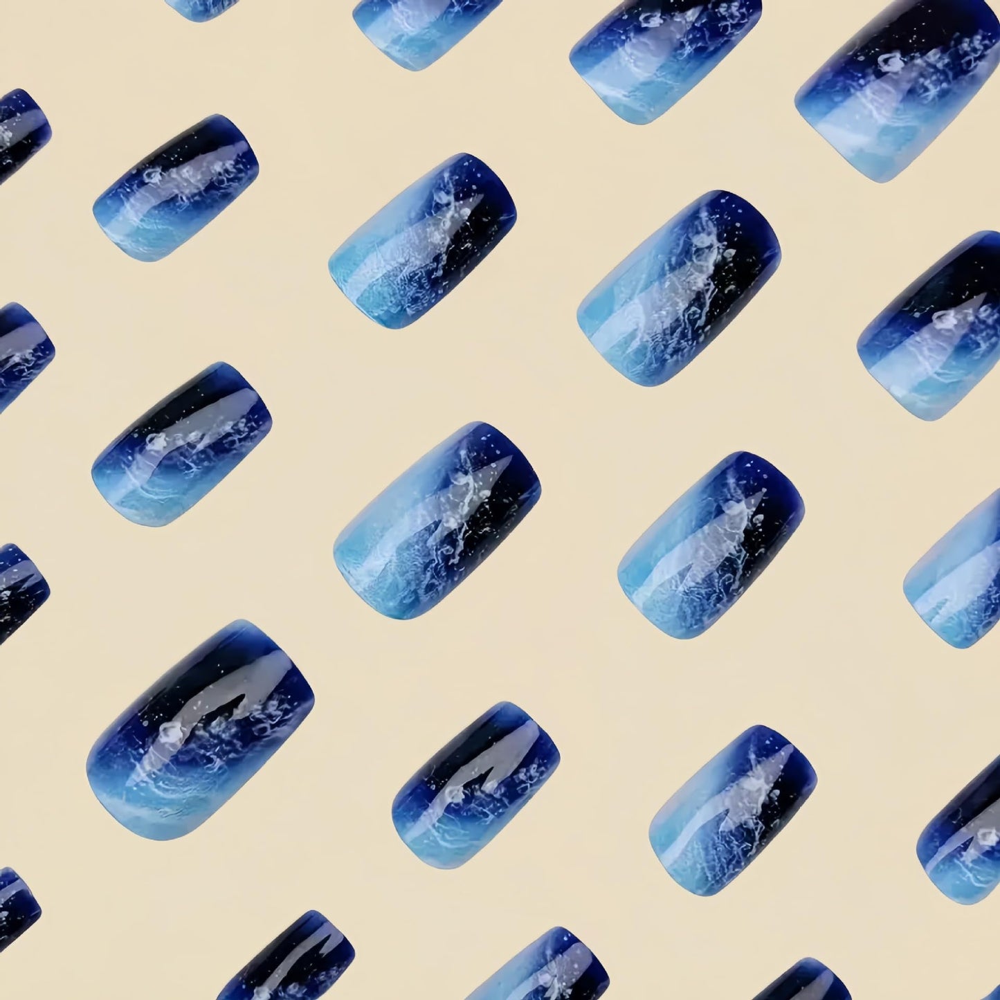 Summer Press on Nails Medium Square Fake Nails Ocean Beach False Nails Blue Gradient Acrylic Nails Reusable Full Cover Glue on Nails for Women Manicure Nail Decoration 24Pcs