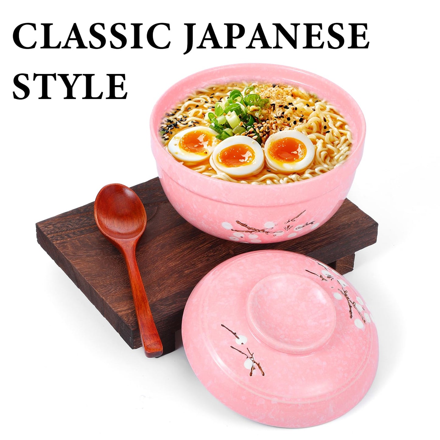mekueeex 2 Pack Ceramic Ramen Noodle Bowl, 27 OZ Big Ramen Bowl with Lid, Japanese Hand-Painted Ceramic Tableware, Durable Floral Soup Bowl for Noodles, Porridge, Rice, Dishwasher Safe(Pink, Beige)