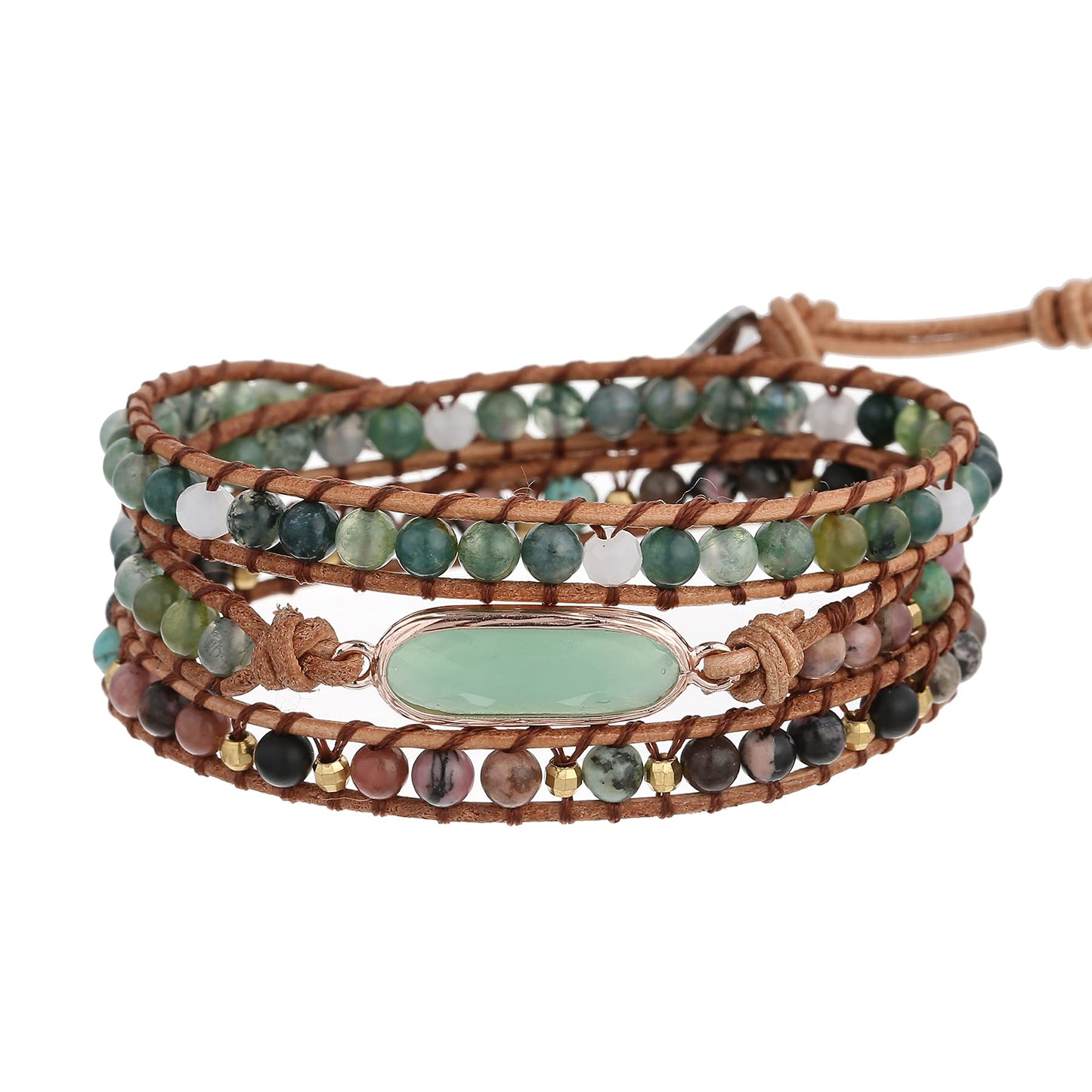 Plumiss Women Boho Handmade Green Crystal Indian Agate Rhodonite Stone Bead Strand 3 Wrap Bracelets