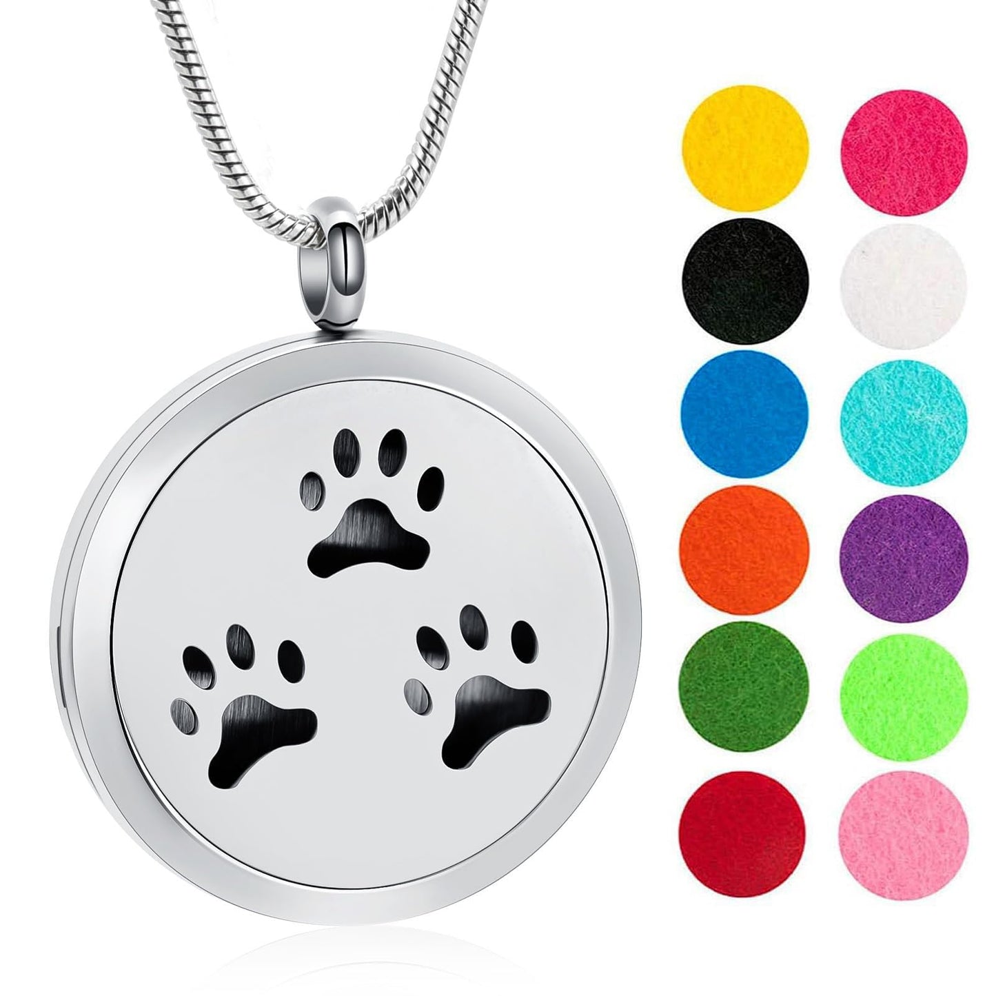 Minicremation Stainless Steel Paw Print Round Perfume Essential Oil Diffuser Pendant Necklace Women Aromatherapy Essential Oil Diffuser Locket Pendant Necklace, with Refill Pads
