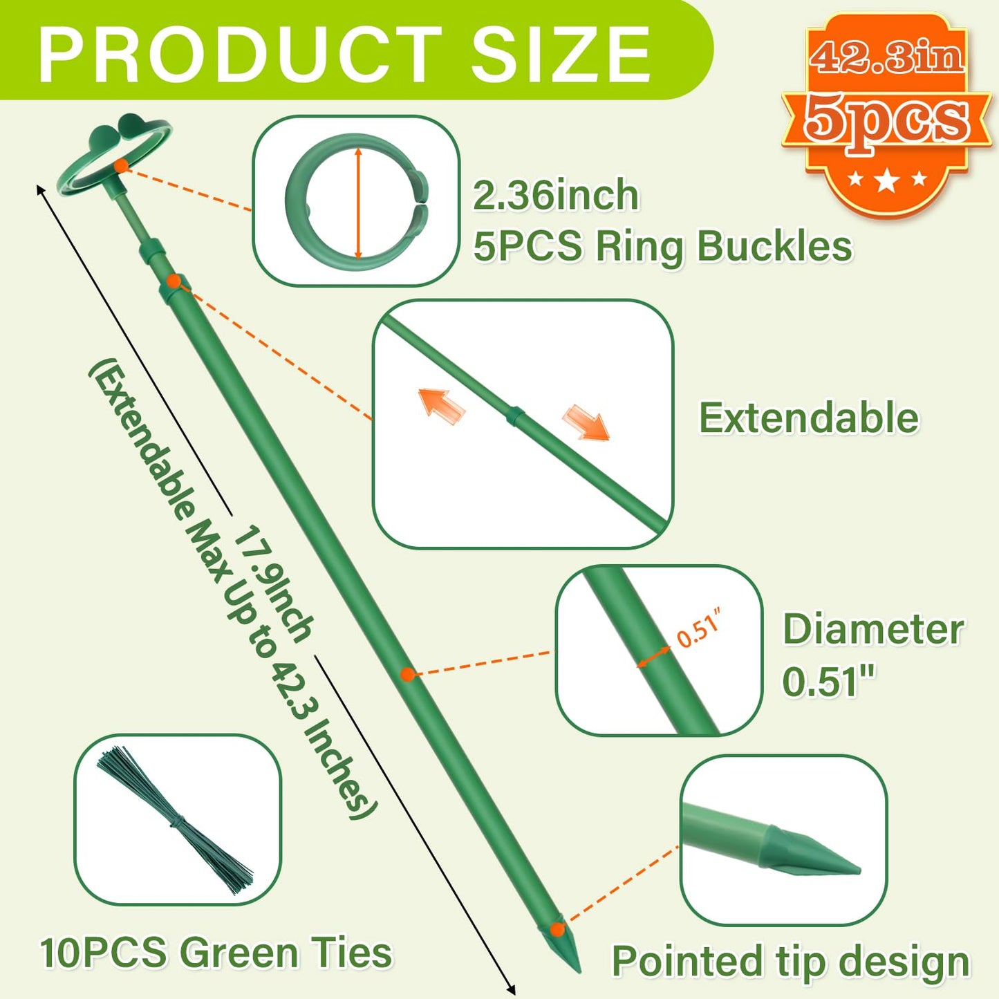 Extendable Plant Stakes,Adjustable Length from 17.9IN to 42.3IN Monstera Support Stakes with Clips,Sturdy Plant Stakes for Indoor Outdoor,Garden Sticks for Tomato,Orchid,Climbing Plants- 5Pack