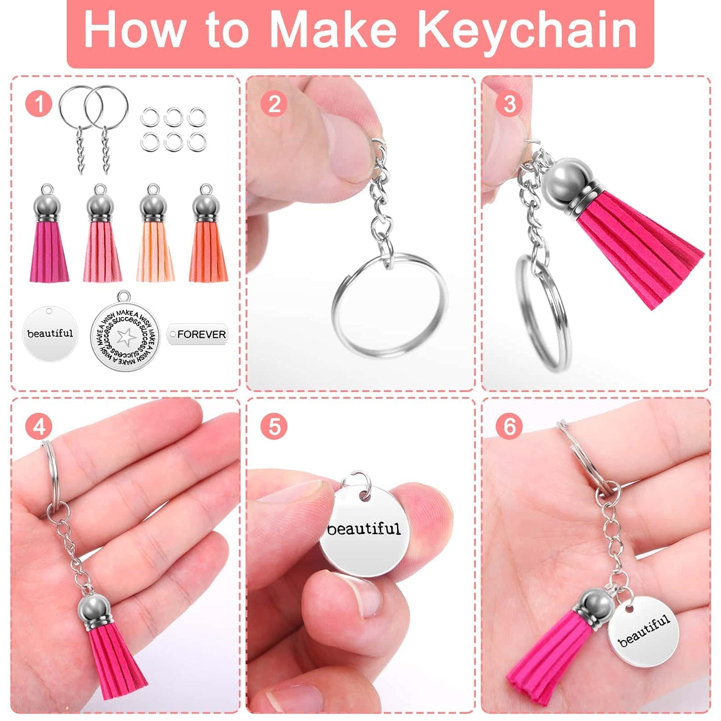 Audab 350Pcs Motivational Keychain Accessories Set with 50 Engraved Inspirational Words Charms, 50 Leather Keychain Tassels, 50 Keyring with Chain, 200 Open Jump Rings for DIY Crafting