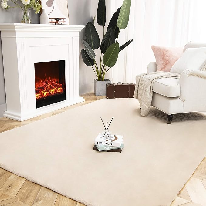 Ashler Faux Fur Rug, Ultra Soft Faux Rabbit Fur, Beige Area Rugs, 6 x 9 Feet Rectangle, Machine Washable Nursery Decor Throw Rugs for Bedroom, Kids Room, Living Room