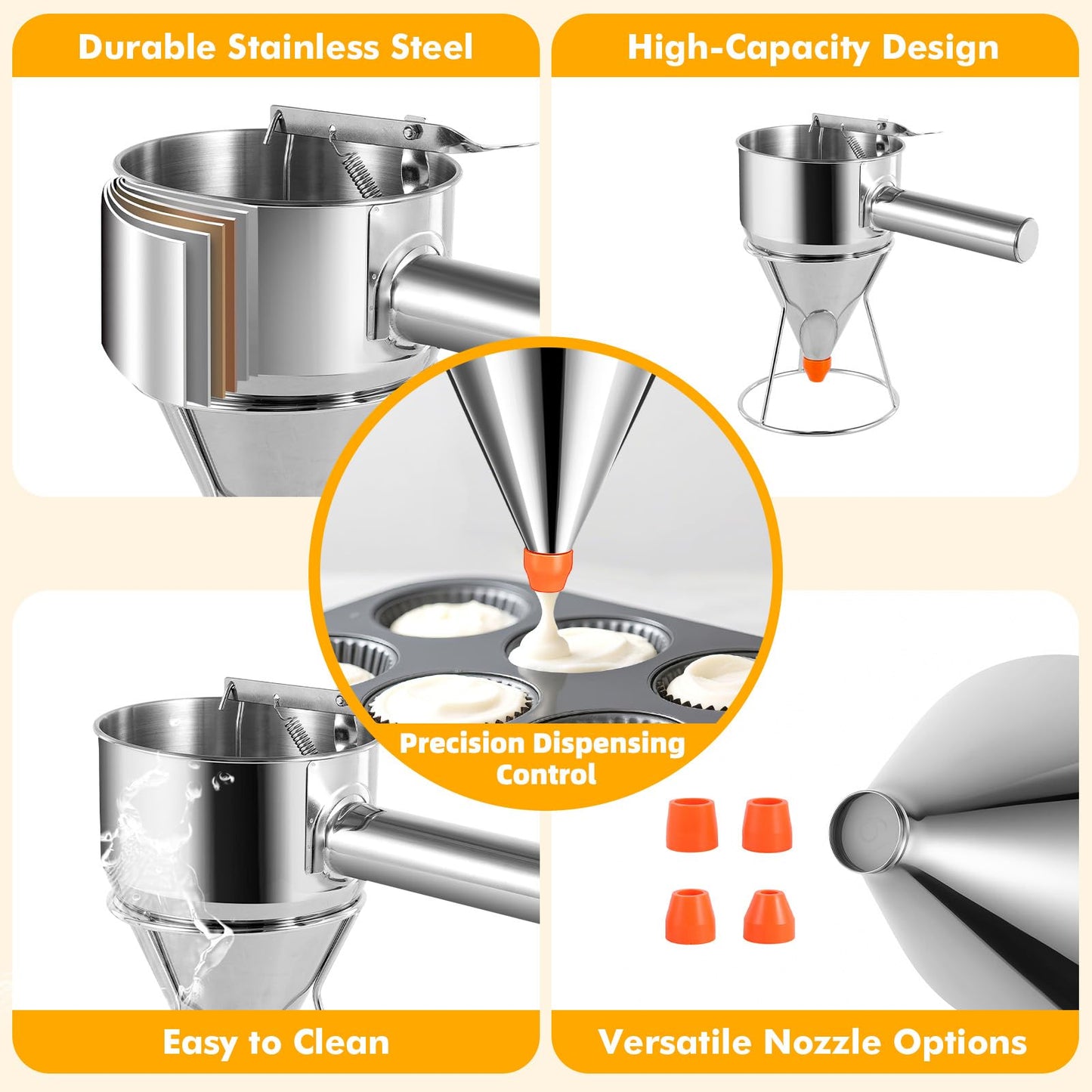 Babcarriery Pancake Batter Dispenser 40 OZ - Funnel Cake Dispenser With Stand, Stainless Steel, Leak-Proof Nozzle & Squeeze Handle, Precise Control, for Pancakes, Waffles, Cupcakes & Baked Goods