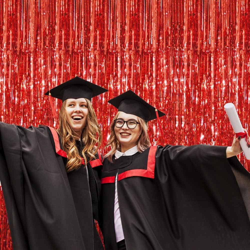 GOER 3.2 ft x 8.2 ft Metallic Tinsel Foil Fringe Curtains Party Photo Backdrop Party Streamers for Birthday,Graduation,New Year Eve Decorations Wedding Decor (3 Pcs, Red)