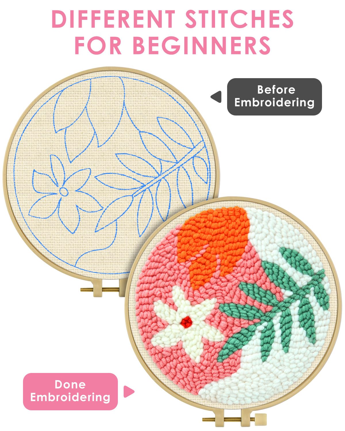 TINDTOP Punch Needle Kits, Punch Embroidery Kits for Adults Beginner, Tool with Punch Needle Fabric, Hoops, Yarns and Sewing Needles
