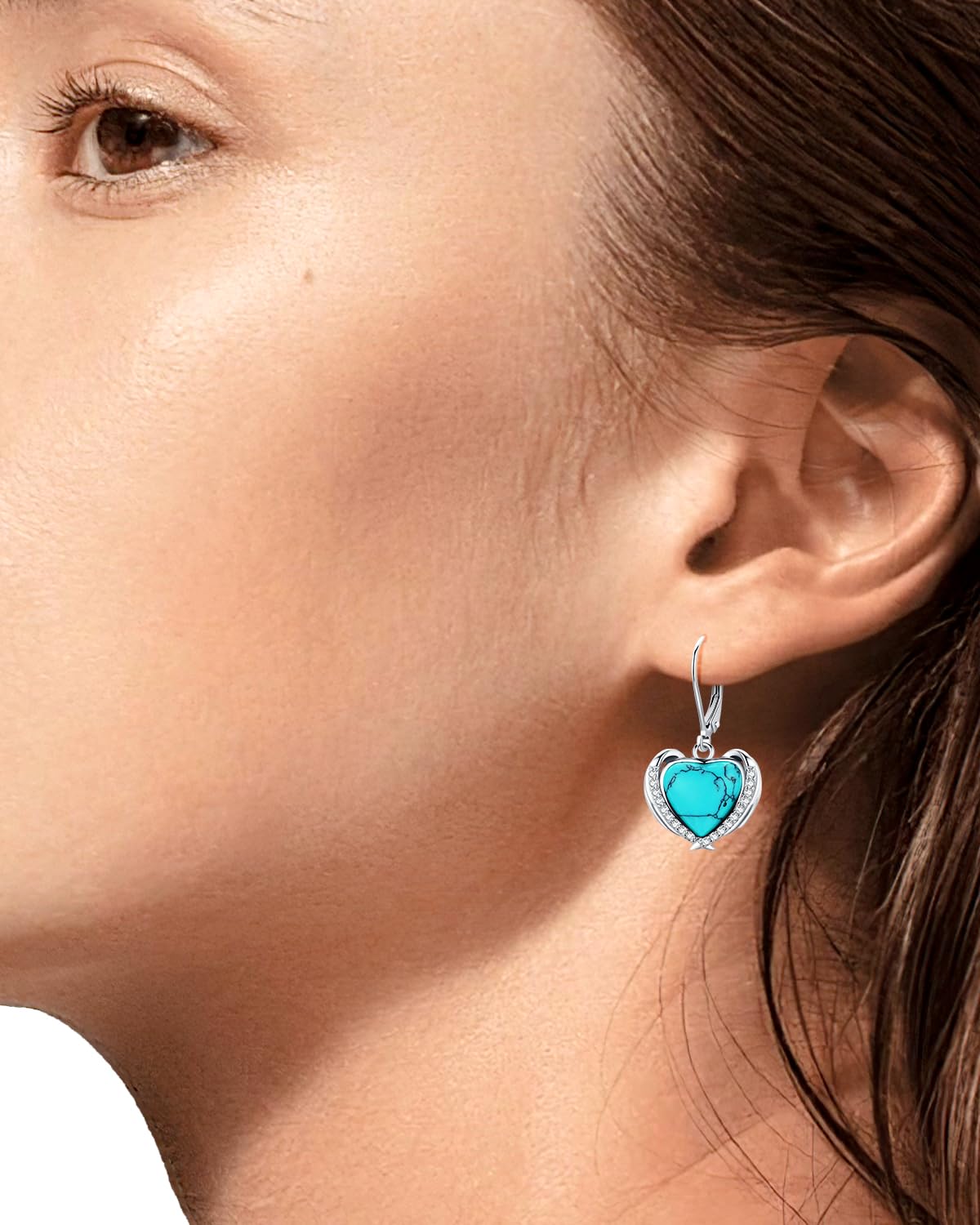 BDL Angel Wing Heart Genuine Turquoise Leverback Earrings Sterling Silver Dangle Drop Jewelry for Women