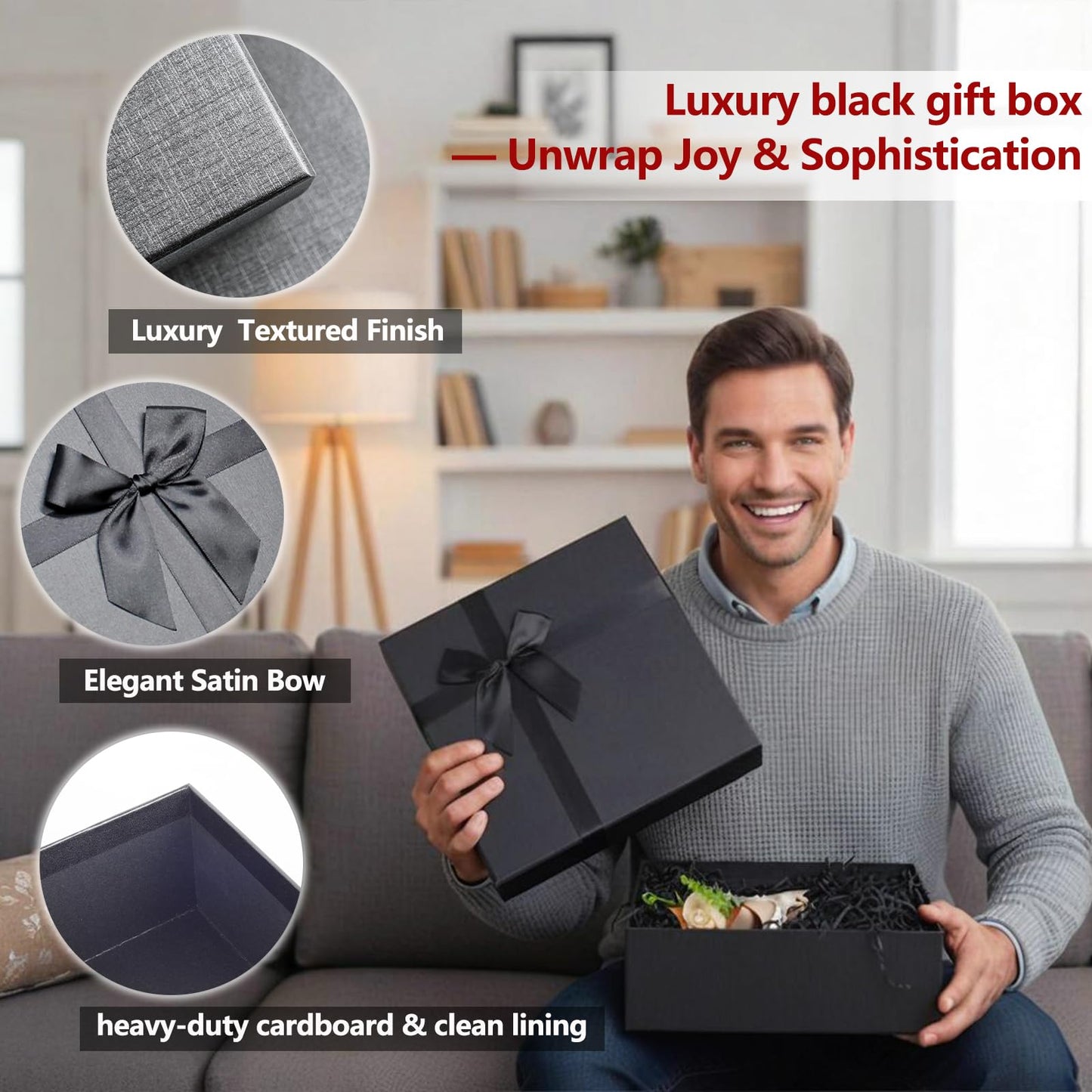 Giftilious Black Gift Box with Lids – A set of 4 Elegant Gift Boxes for Presents, Sturdy Nesting Design for Valentine's Day, Anniversaries, Birthday, Wedding, Ready to Gift – No Assembly Required