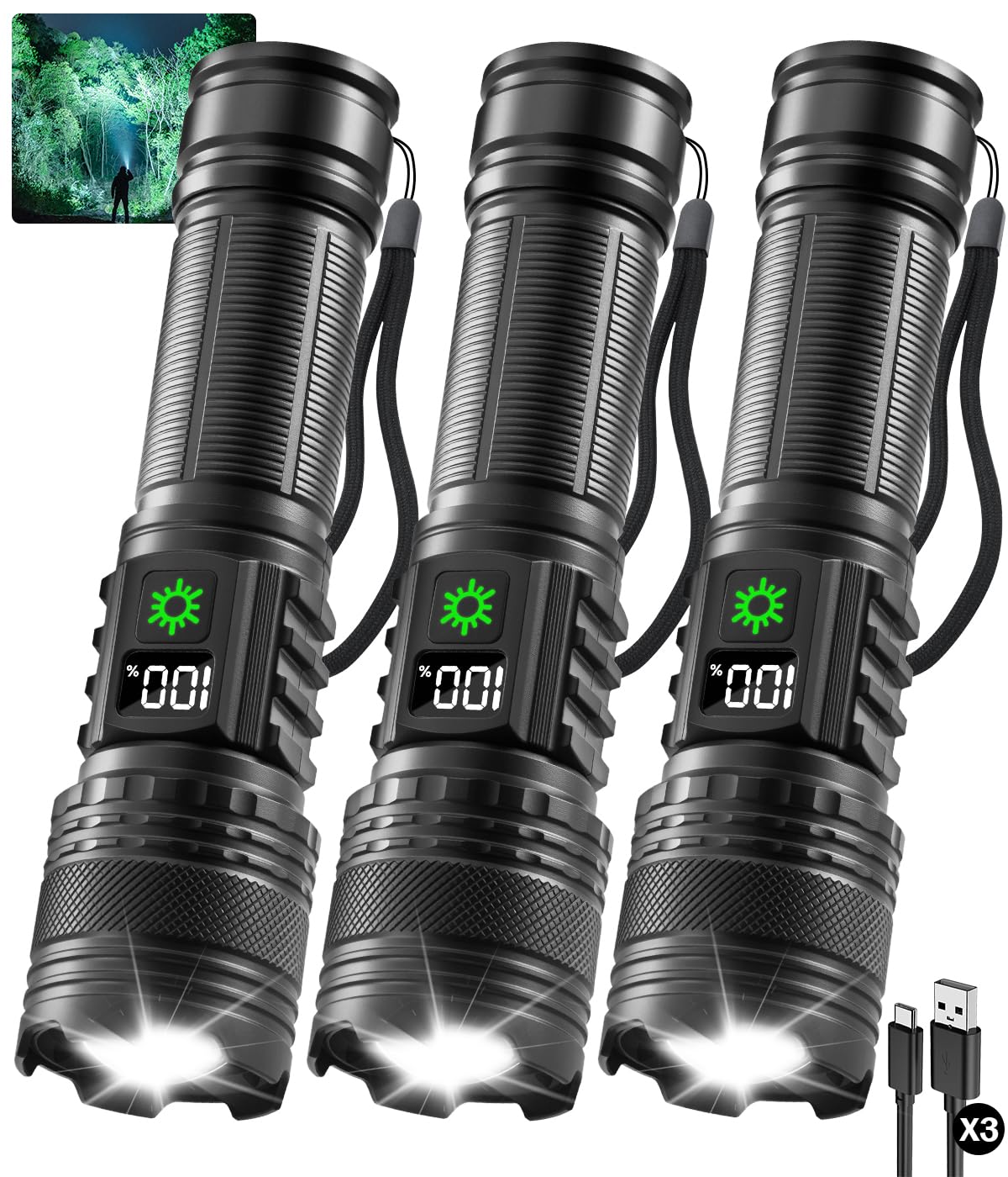 3Pack Rechargeable Flashlights High Lumens 9900FL, LED Flashlight Rechargeable with LCD Digital Display, 5Modes Adjustable Flash Light, Super Bright Flashlight Powerful, Tactical Flashlights for Home