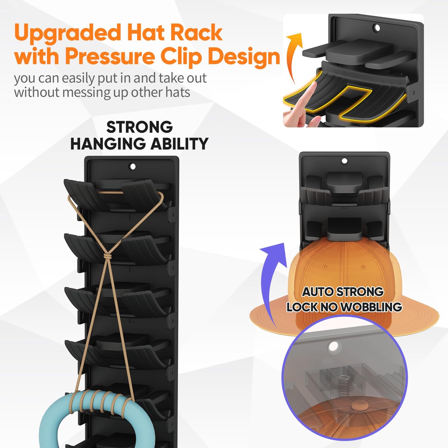 Dazioter Hat Organizer for Baseball Caps, 2 Pack Wall Mount Hat Rack with Spring Clips, Holds 20 Caps, Black Hat Holder for Closet Door