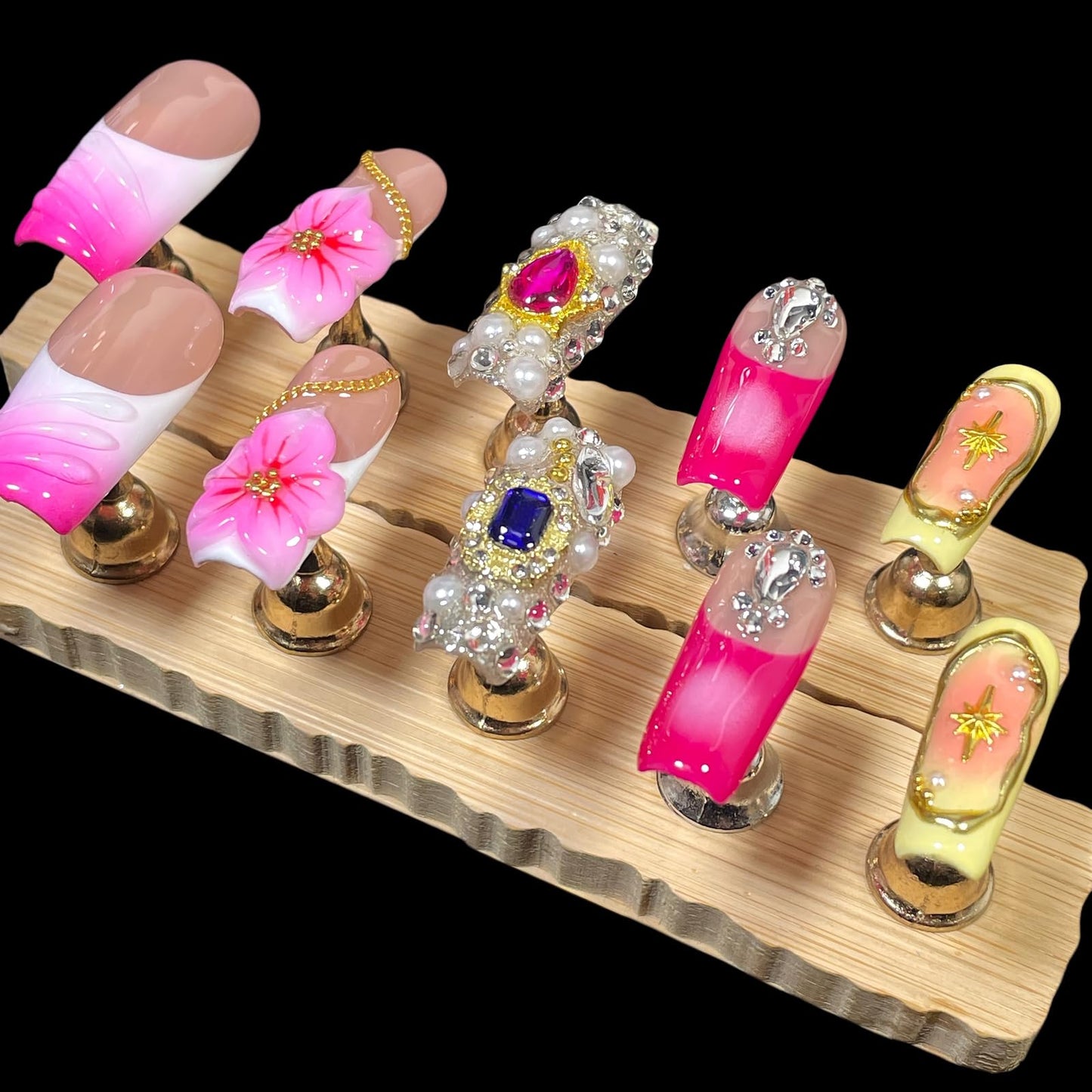 Handmade Press on Nails - 3D Pink Floral Design with Full Diamond & Gold Chains, Medium Long Square Shape Acrylic False Nails, Reusable Luxury Glam Nail Art (Satin Rose, L)