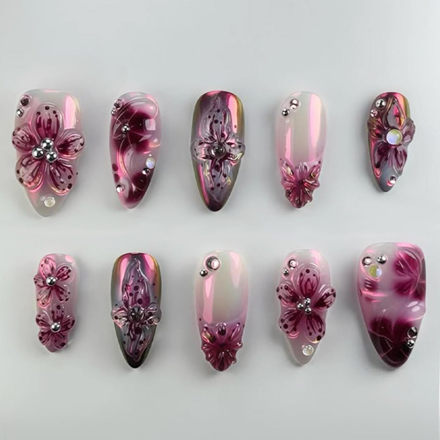 Almond Press on Nails Medium Fake Nails Purple Acrylic Nail Press ons SEENEEY Pink Floral and Silver Charm Designs Rhinestones Stick on Nail for Women 24pcs