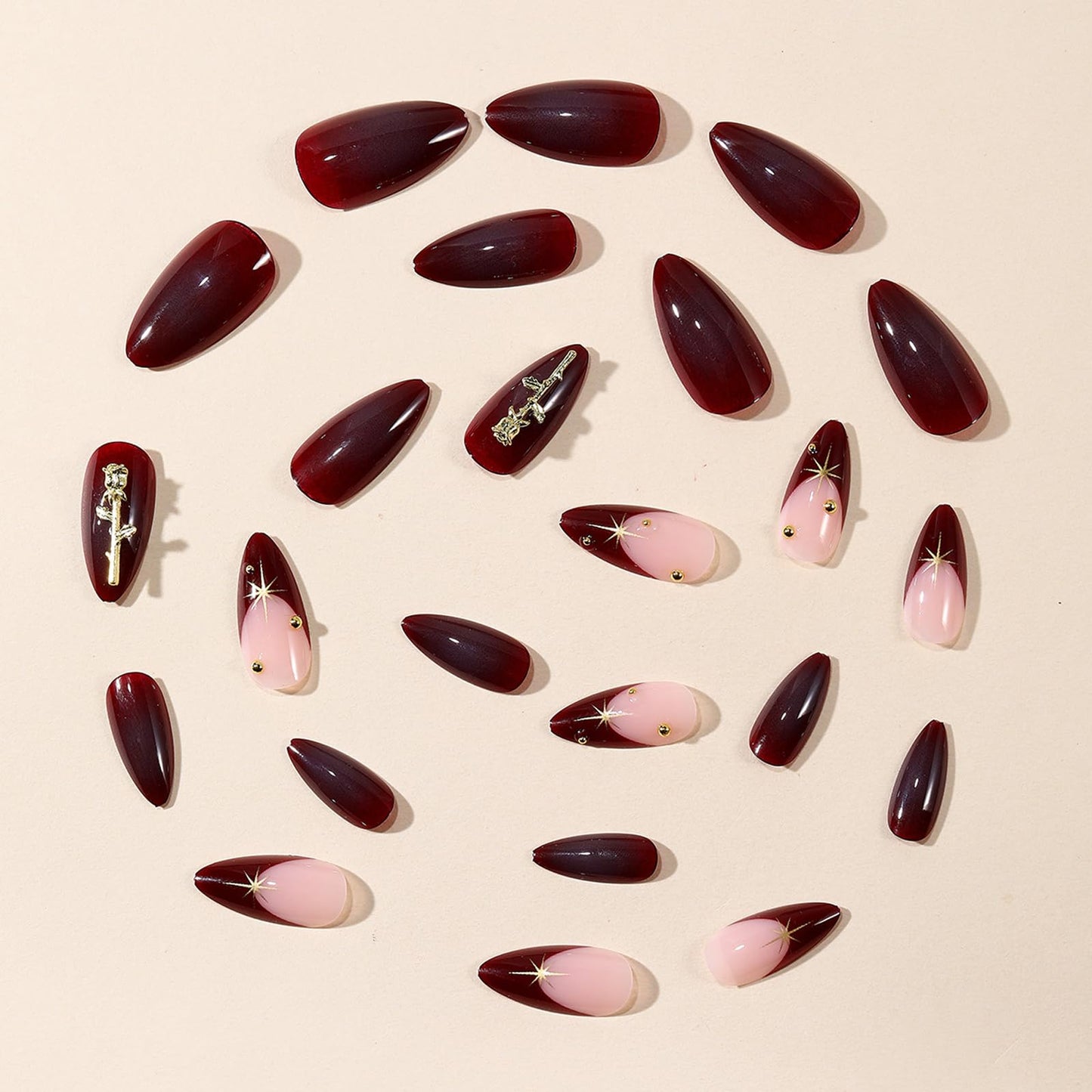 IMRAIN Press on Nails Medium Almond Fake Nails with 3D Golden Rose Designs Burgundy Acrylic False Nails Full Cover Stick on Nails for Women