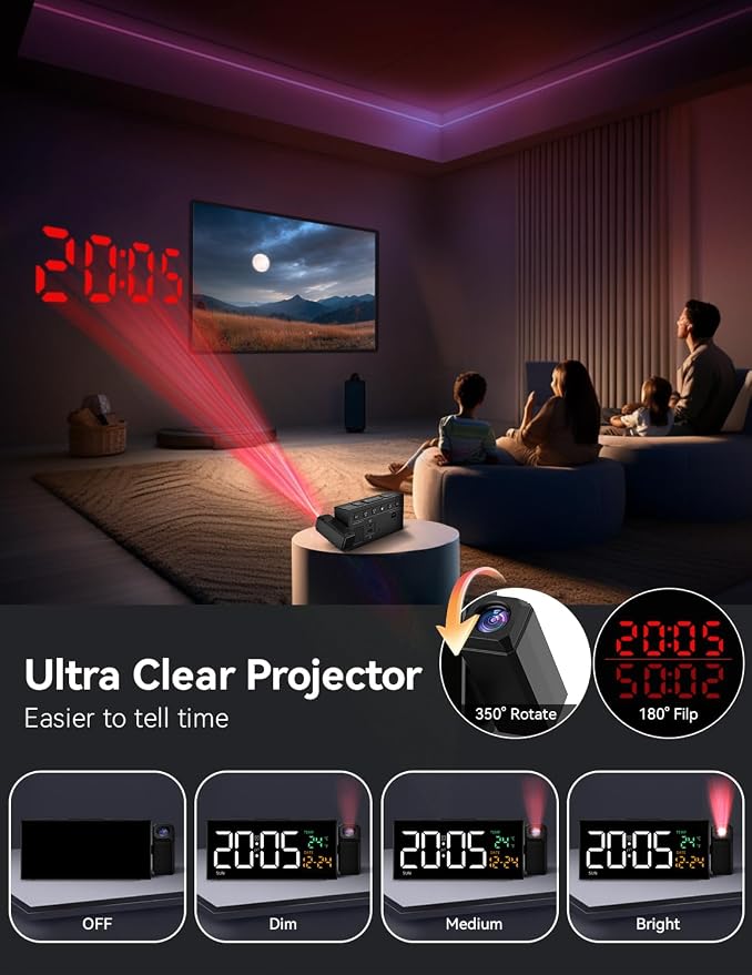 Netzu Projection Clock for Bedroom Ceiling, Alarm Clocks Black