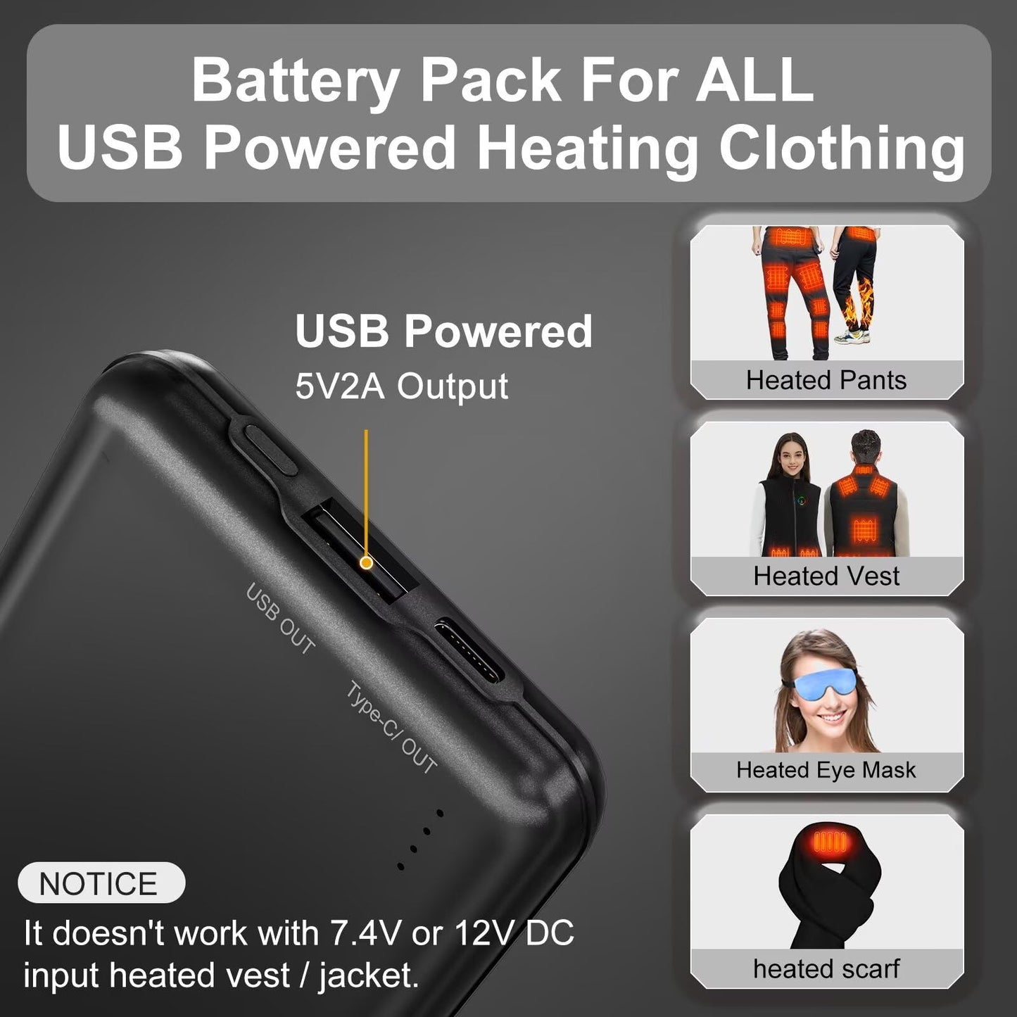 KOVNLO Battery Pack for Heated Vest, 5V 2A 10000mAh USB Power Bank with USB-C Charging Cable, Ultra Thin Portable Charger for Heated Jacket,iPhone, Android