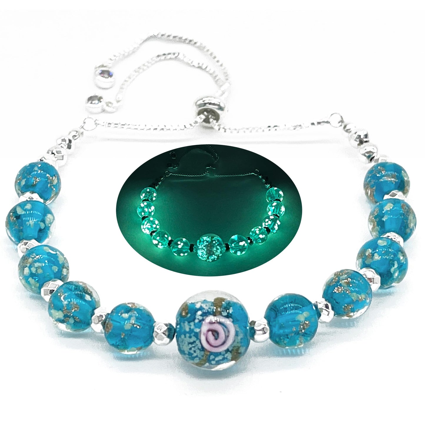 ARTSY CRAFTS INC Glow in The Dark Firefly Beads Bracelets Necklaces, Murano Glass Beads Crystal Birthstone Beaded Jewelry Adjustable Slider Chain (Bracelet-Teal)