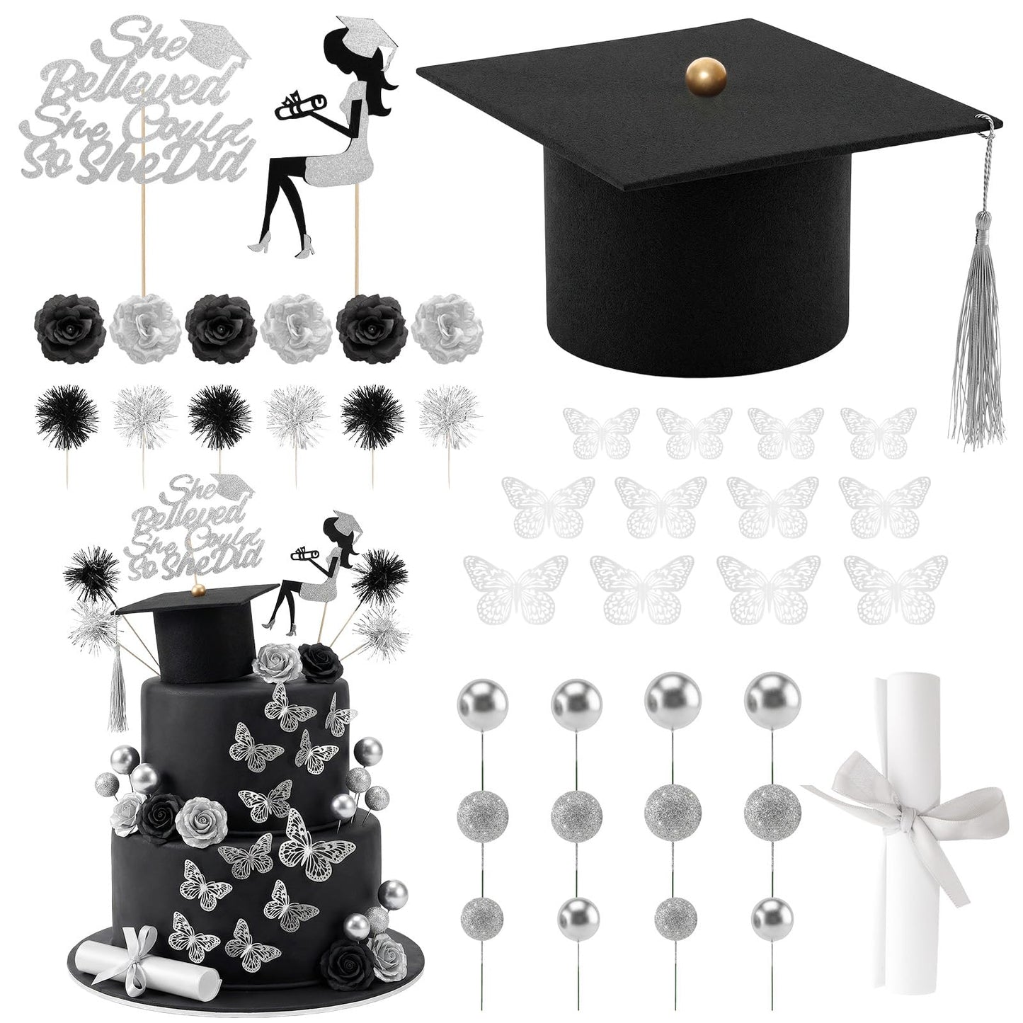 Heliltd 40PCS Graduation Cake Topper Set Black and Silver, Graduation Cake Decorations Kit with Cap Diploma Butterfly Ball Picks Flowers Firework Toppers Girl Silhouette for Class of 2026 Party