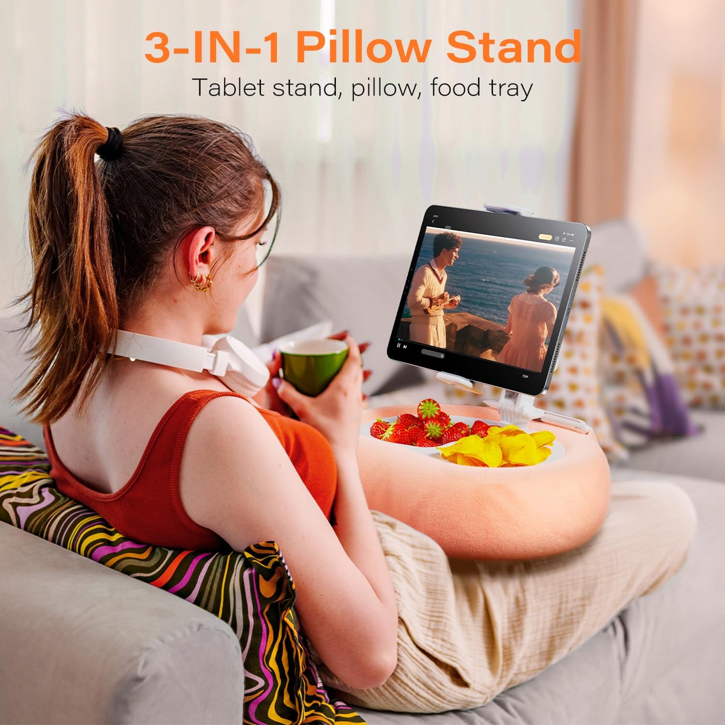 Atisek Kindle Tablet Pillow Stand with Detachable Trays Fit iPad Tablet Stand Holder for Bed Fit 4''-13'' Phone/Kindle with Case Reading Accessories Gift Soft Plus Fabric, Pink