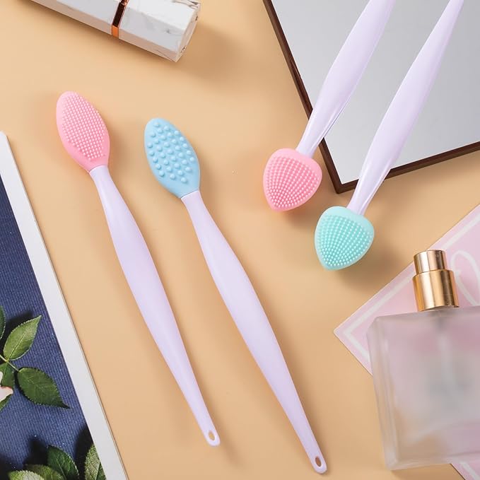 4pcs Lip Scrub Brush, Silicone Heart Lip Exfoliator Brushes Scrubber Tool, Double-Sided Oval Lip Cleaning Exfoliating Remove Dead Skin Tool for Men Women Dark Lips- Pink & Green & Blue