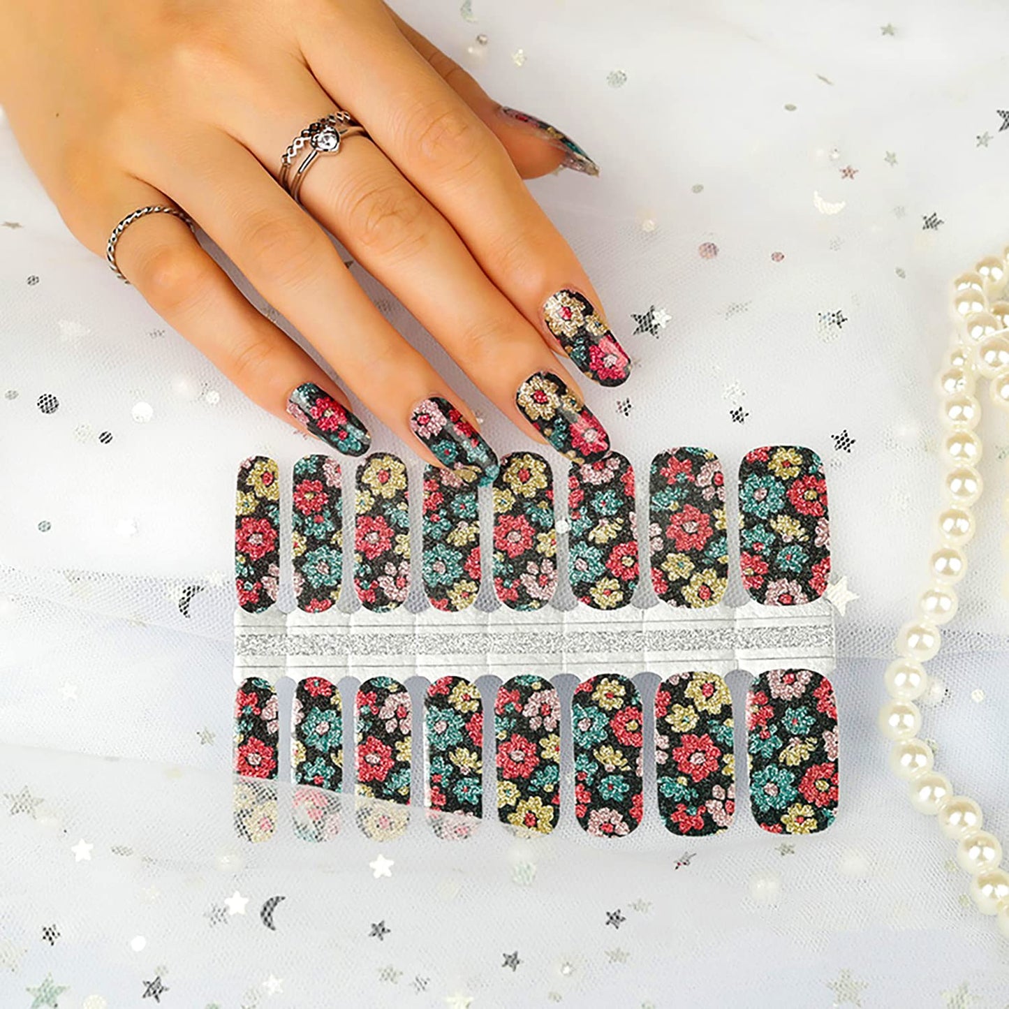 SILPECWEE 5 Sheets Flower Nail Wraps Stick on Nail Polish Strips Gel Nail Strips Self Adhesive Nail Polish Stickers Fingernail Manicure Sticker Nails for Women with 1pc File