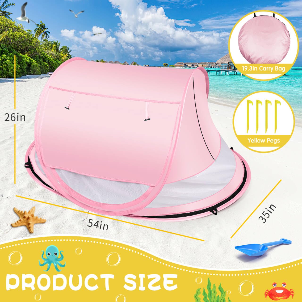 Baby Beach Tent, Large Pop Up Beach Tent Sun Shade with Mosquito Net, UPF 50+ UV Protection Sun Shelter (Pink)