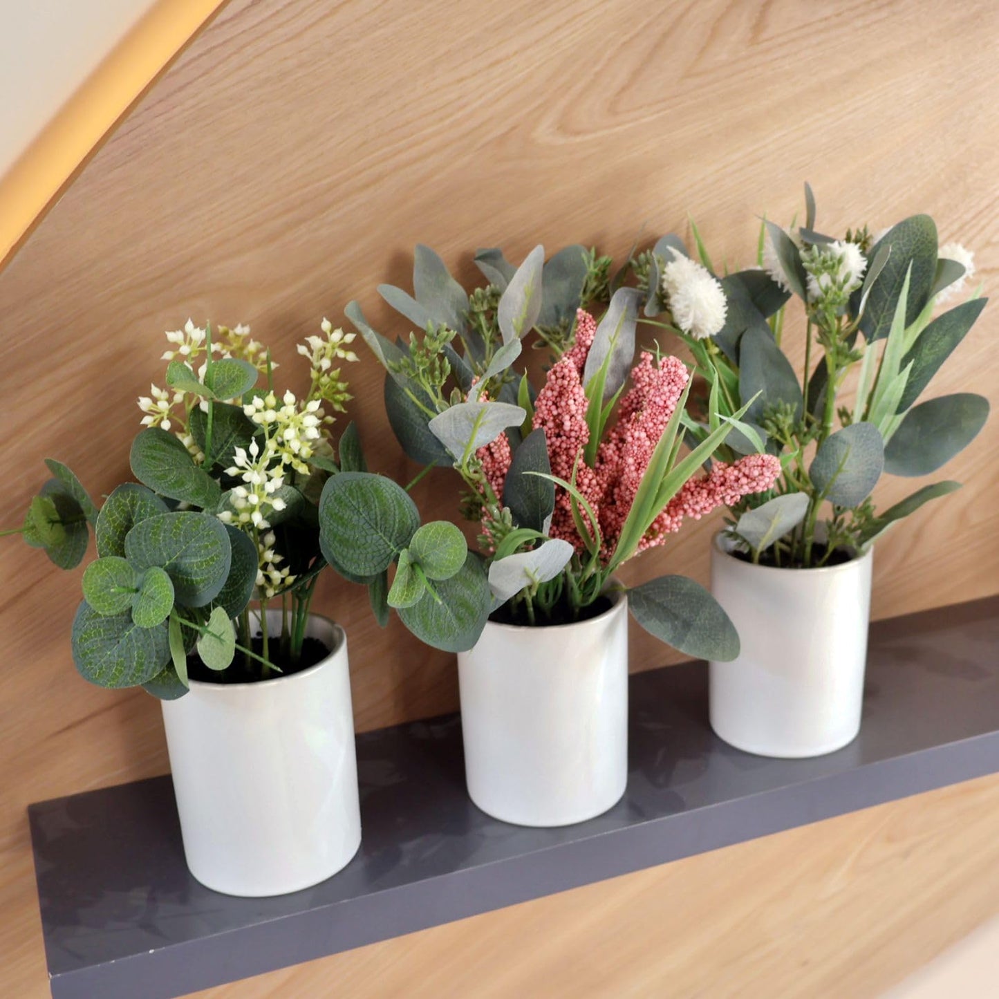 VINSUNI Artificial Plants with White Ceramic Vase, Eucalyptus Leaves and Pink Berry Stems, 3-Pack Fake Flowers for Bathroom Coffee Table Centerpieces
