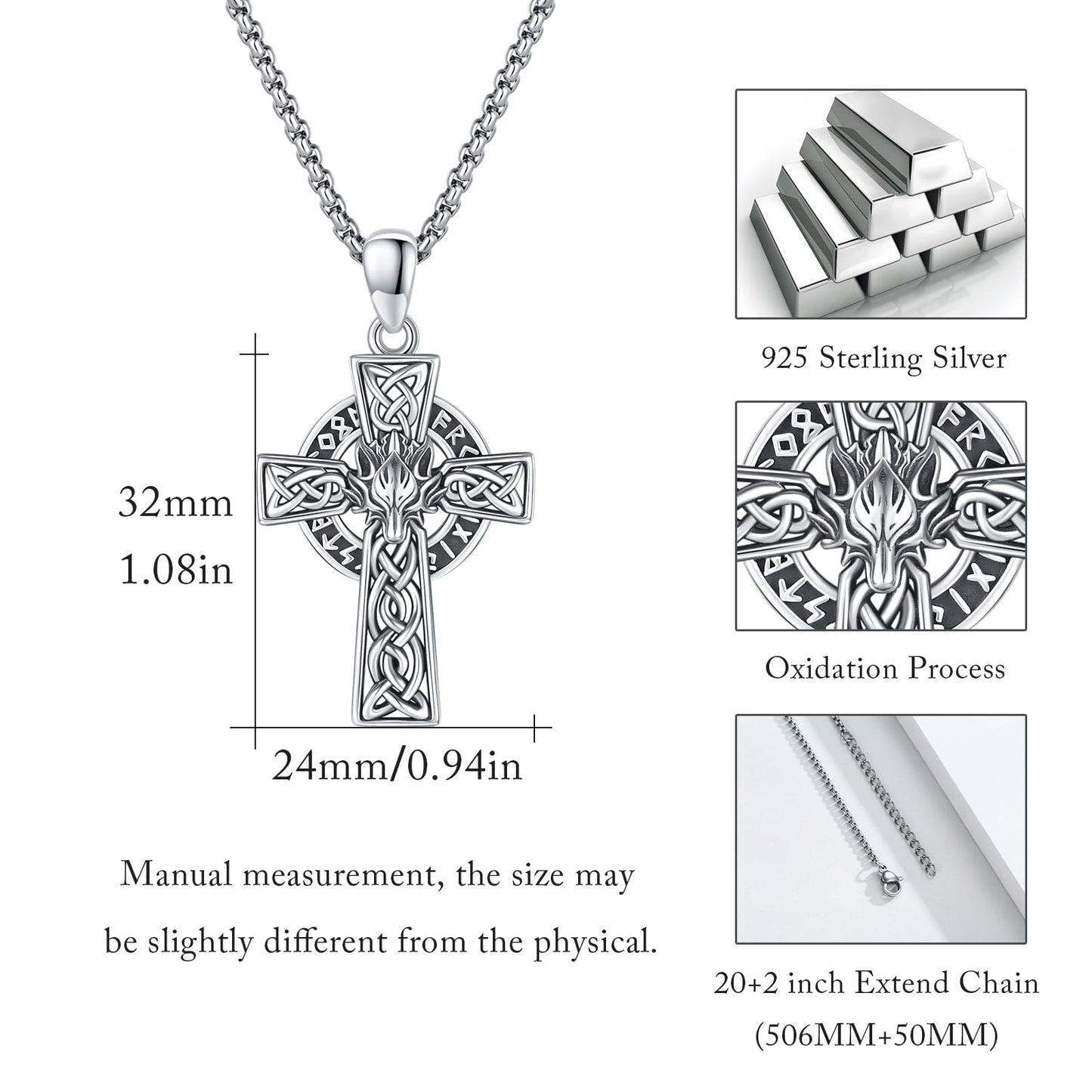 YEESIA Wolf Celtic Cross Necklace, 925 Sterling Silver Norse Gothic Viking Jewelry for Men Women, Unique Valentines Day Gifts for Teens Boyfriend, Adjustable Unisex Accessory