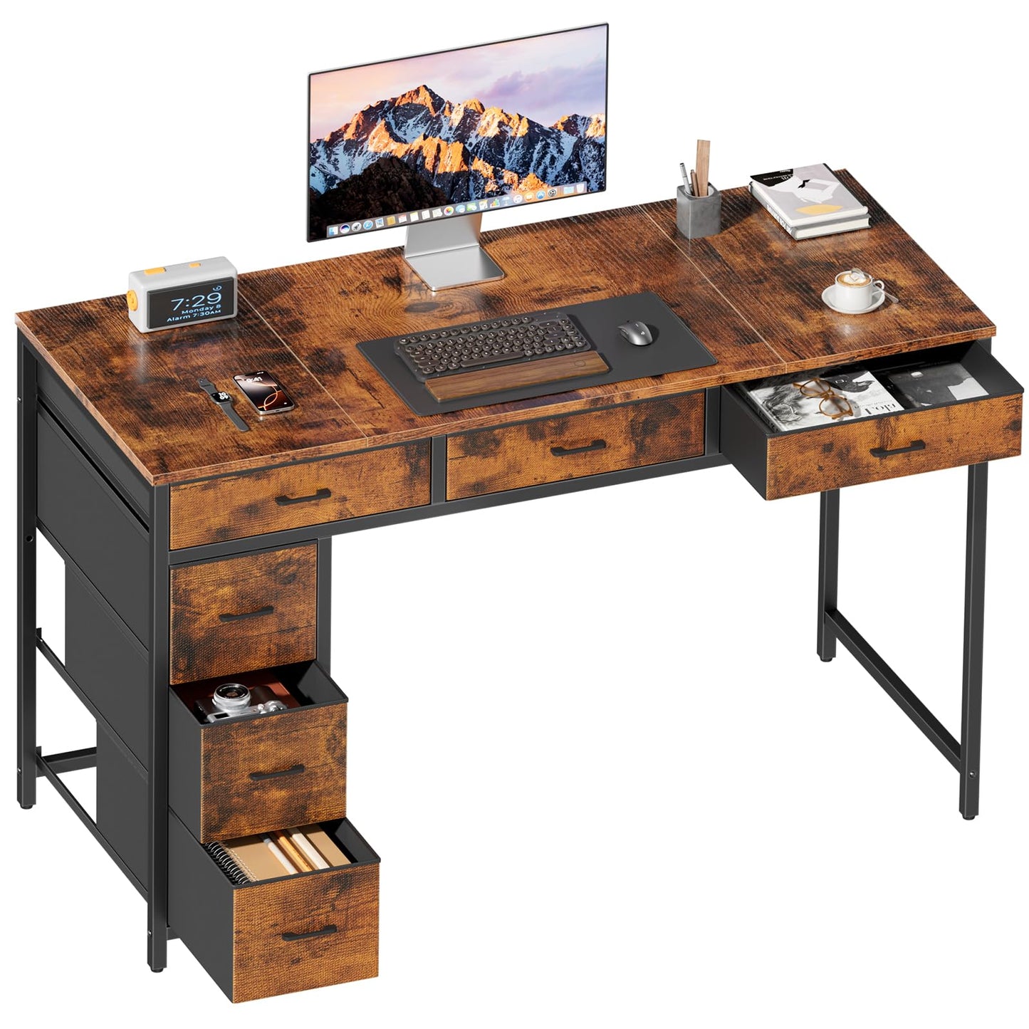 HLDIRECT 47" Computer Desk with 6 Drawers, Home Office Desk with Large Storage for Home Office,Gaming,Writing Study,Work (Brown)