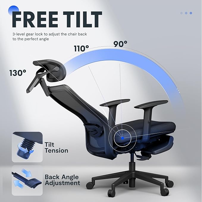 FLEXISPOT OC3 Cloud Ergonomic Office Chair with Footrest, High Back Computer Chair with Adjustable Lumbar Support/3D Headrest, Desk Chairs for Home Office Gaming Working, Black,Foam Seat,Cloud-F