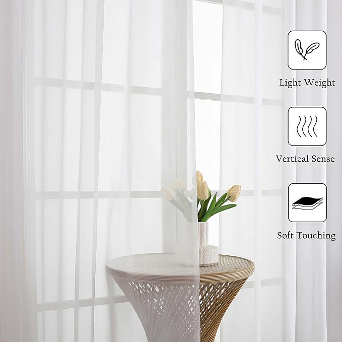 Lecloud White Sheer Curtains 63 Inch Length 2 Pcs, Light Filtering Rod Pockets Window Curtains for Bedroom, Soft Voile Home Drapes for Living Room Bathroom Home Office, Each Panel 59" W x 63" L