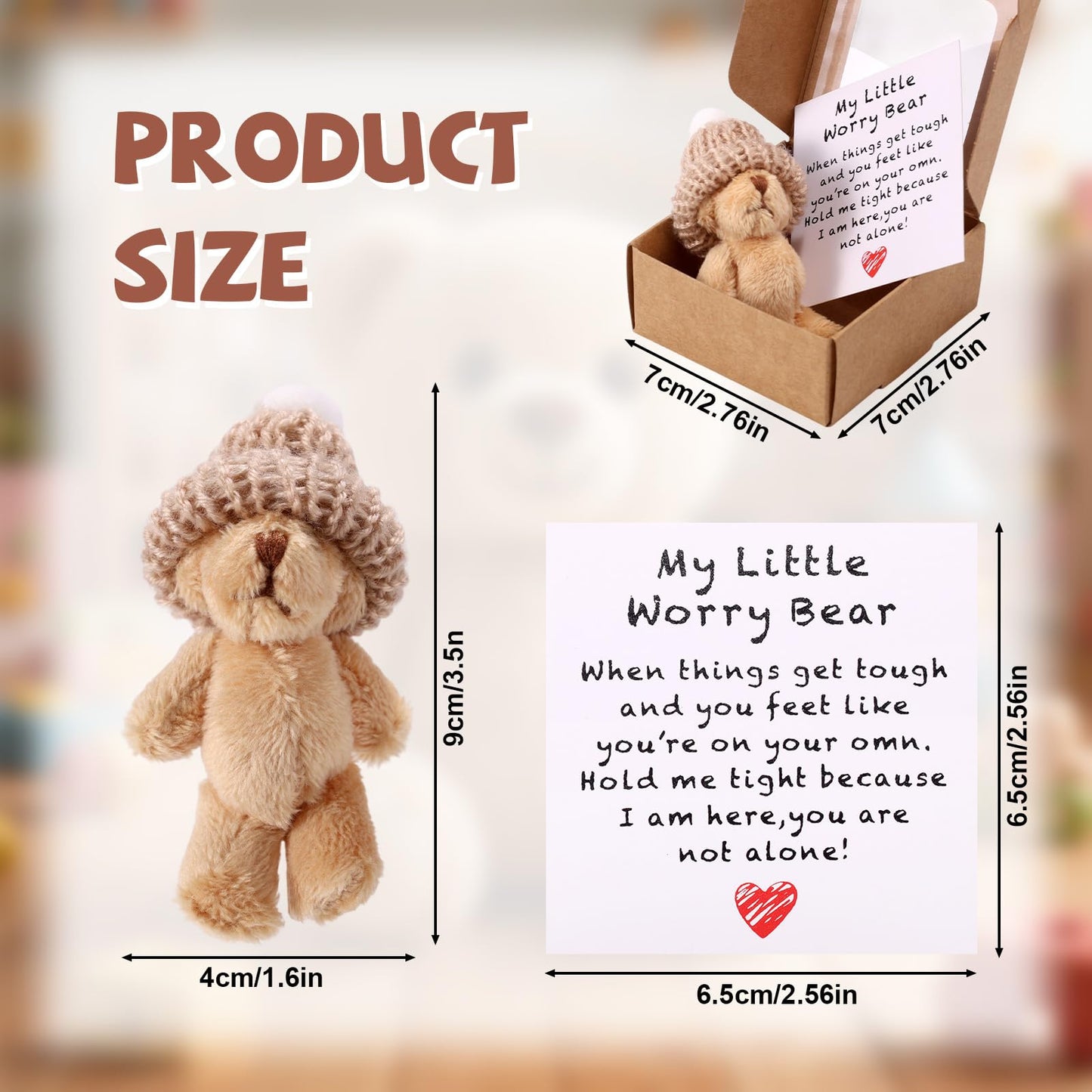 TOYMIS 1 Set Mini Plush Worry Bear with A Hat, Handmade Positive Small Plush Bear in A Box with Encouragement Little Card Inspirational Support Easter Egg Toy for Family Friend Coworkers Gift