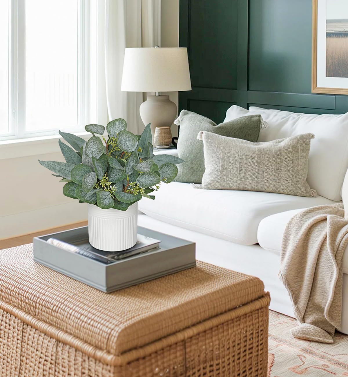 Artificial Plants Indoor with Pot, 11.8" Faux Eucalyptus Stems in Ceramic Vase for Table, Desk, Shelf, Small Fake Potted Plants Eucalyptus Leaves for Centerpieces, Living Room, Bathroom, Bedroom
