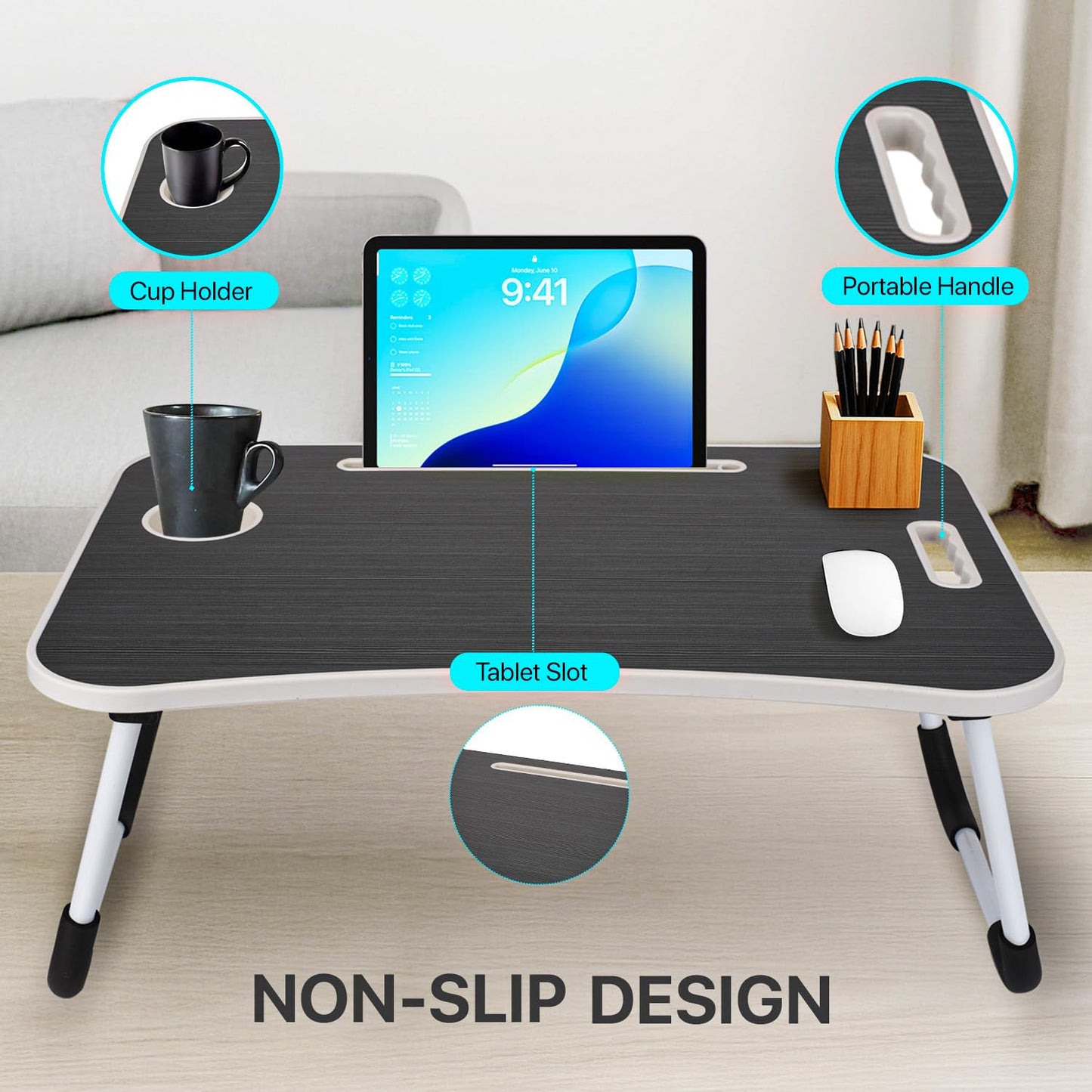 MAVOCRAFT Laptop Desk for Bed - Lap Desk for Sofa & Bed Desk - 23 x 15 Lap Tables for Adults & Kids - Suitable Tablet and Laptop Stand for Bed - Include iPad Slot and Cup Holder (Dark Grey)