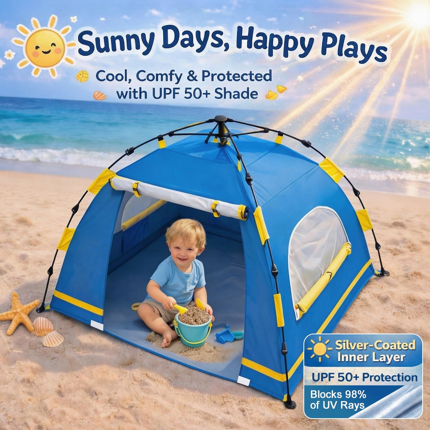 Baby Beach Tent Pop Up Sun Shelter with UPF 50+ UV Protection, Silver-Coated Interior, Breathable Mesh Ventilation, Easy Setup, Wind-Stable Beach Shade for Infants & Toddlers