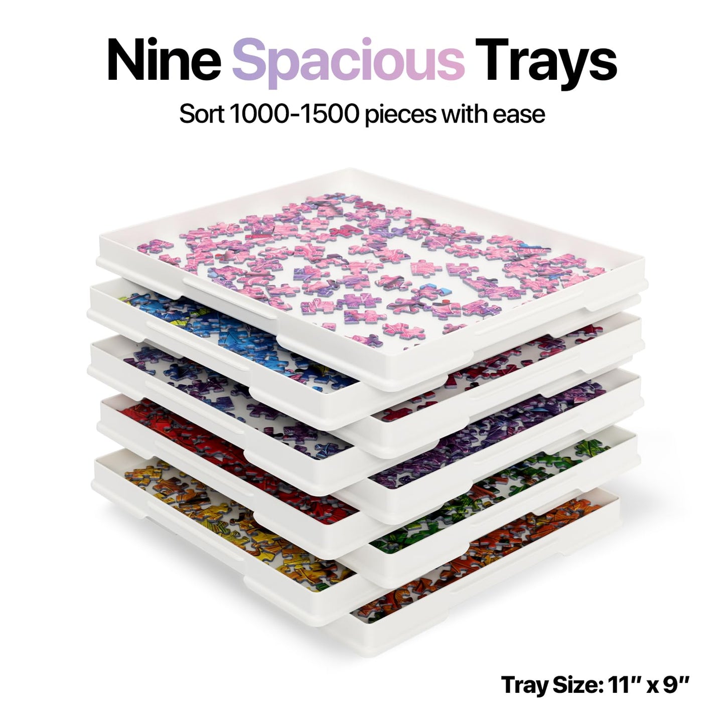 Playboda 9-Pack Puzzle Sorting Trays with Lid that Doubles as a Puzzle Box Stand – 11" x 9" Stackable Trays for 1000–1500 Piece Jigsaw Puzzles, Great Gift for Adult Puzzle Lovers