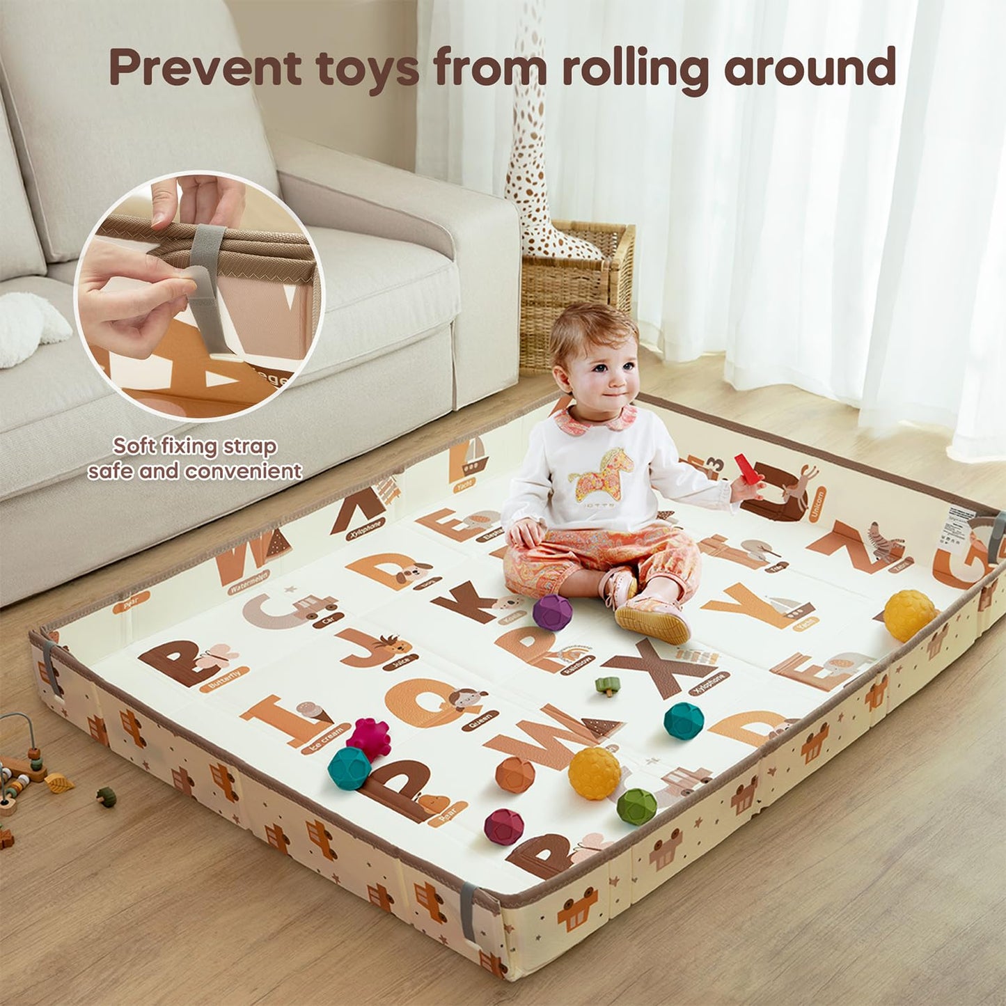 Foldable Baby Play Mat, 65" X 50" Waterproof Double-Sided Cushioned Activity Play Mat, Soft Lightweight Foam Playmat with Fold-Up Sides, Non Slip Crawling & Playing for Infants and Toddler, Alphabet
