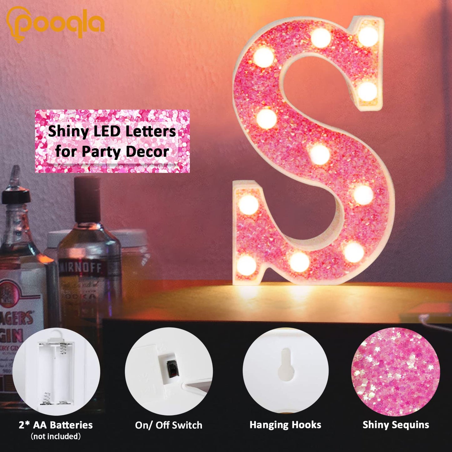 Pooqla LED Marquee Lights, Pink Glitter Alphabet Letters - Battery Powered Night Light, Birthday Party, Wedding, Home Bar, Christmas Decoration - Letter B
