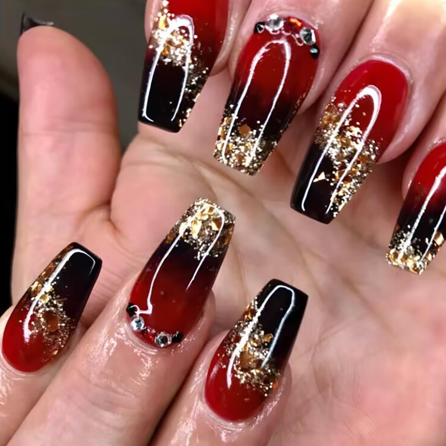 CJDLTS French Tip Press on Nails Medium Rhinestones False Nails Gold Glitter Powder Design Coffin Nails Black Red Gradient Fake Nails Artificial Nails Acrylic Stick on Nails Press Nails for Women