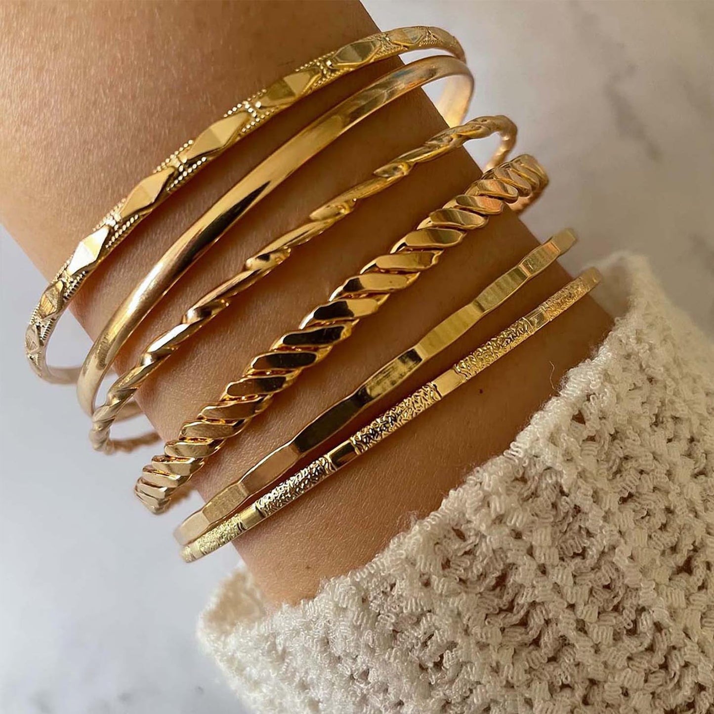 IFKM Gold Bangle Bracelets For Women, 14k Gold Plated Multi Layer Stackable Cuff Bracelet Set, Trendy Elegance Charms Non Tarnish Minimalist Textured Boho Jewelry Gift for Women