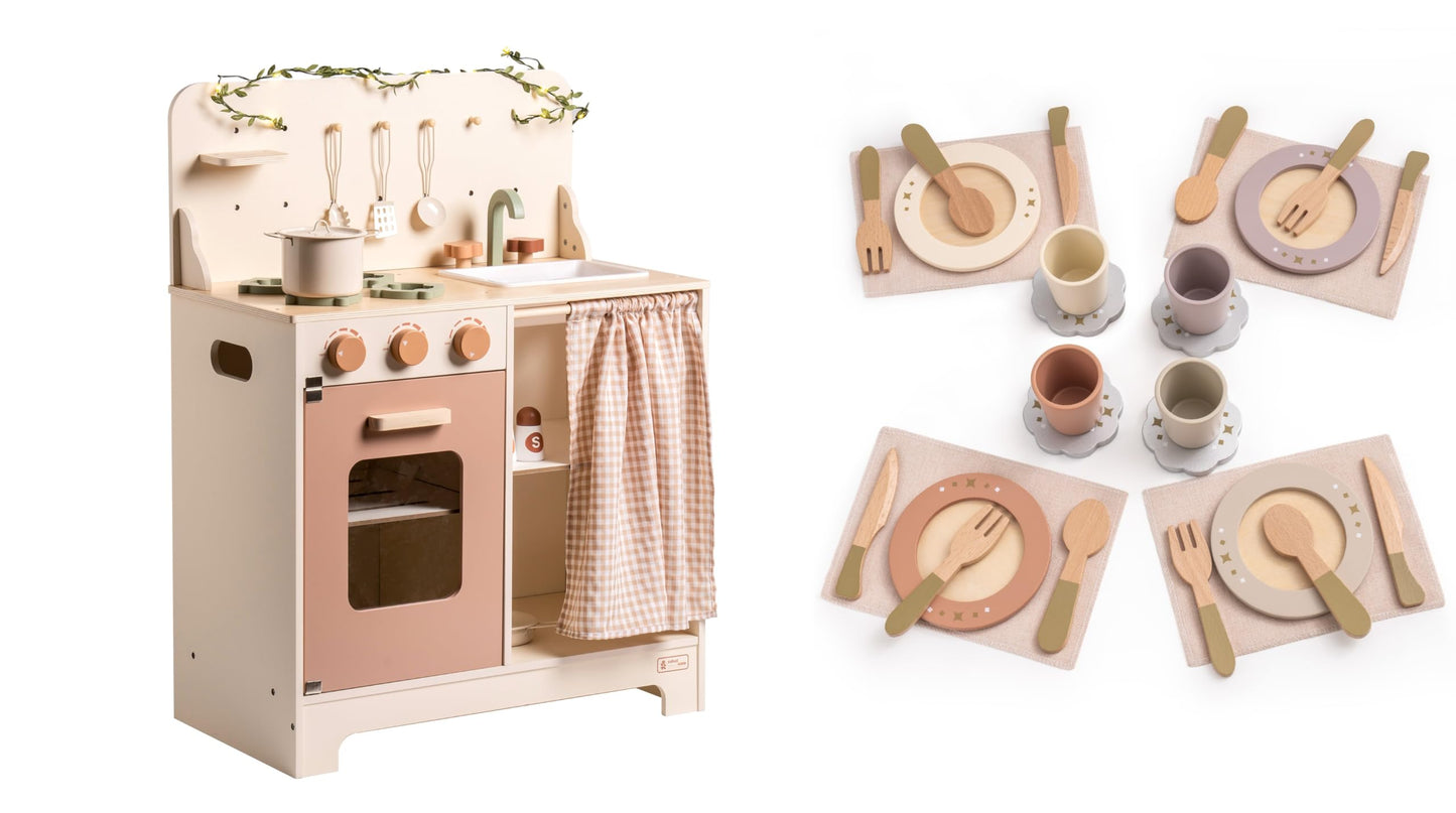 ROBOTIME Play Kitchen with Dishes Set, Rustic Wooden Kitchen Pretend Play Kitchen, 29PCS Wooden Toy Plates and Dishes for Kitchen Set for Toddler Boys Girls Gifts