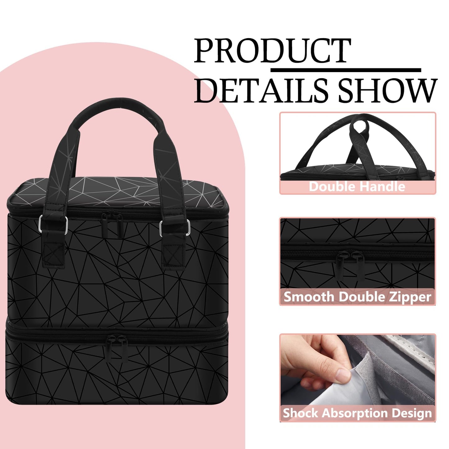 FCQQYWZ Nail Polish Organizer Case - Holds 42+ Bottles (15ml/0.5 fl.oz) and 1 Nail Lamp, Upgraded Double-layer Nail Polish Carrying Case Nail Storage Bag with Handles (Black)