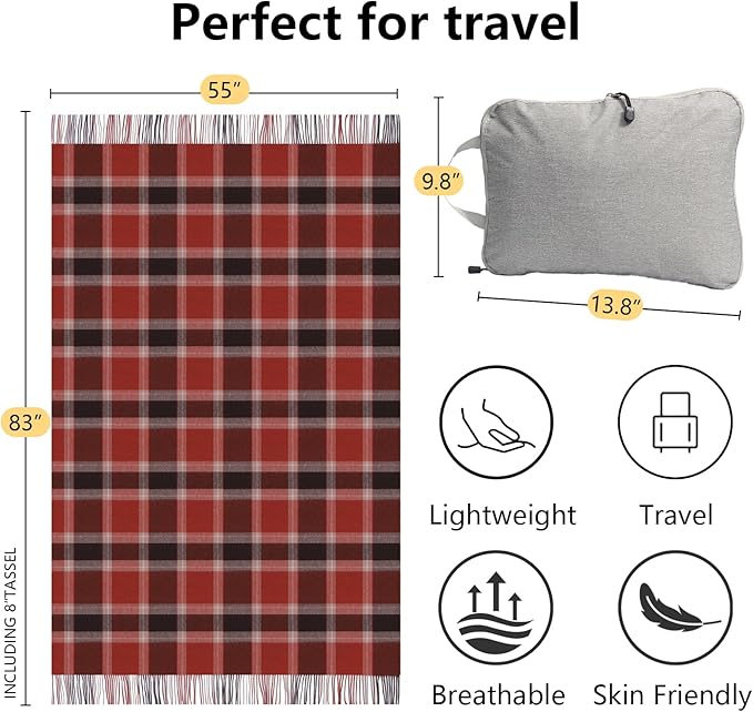 Throw Blanket Plaid with Carry Bag | Soft Wool Travel Blanket 55"x83" 1.5lbs | Red and Brown Plaid Decorative Throw for Couch, Camping & Gift