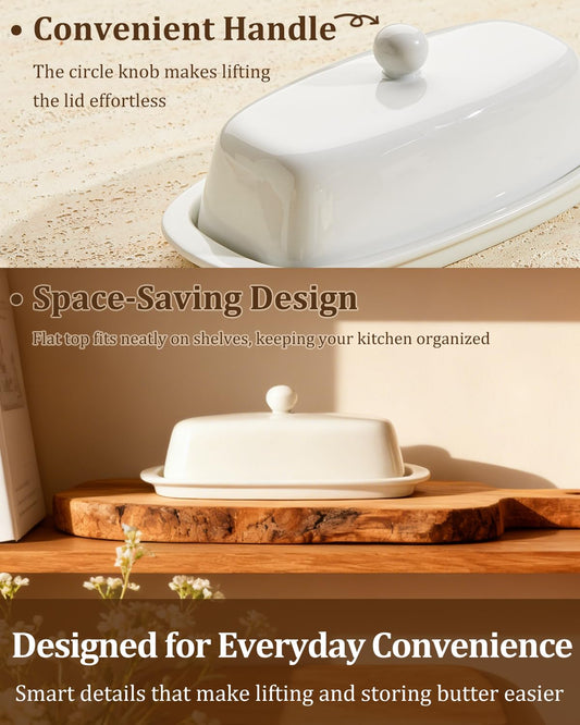 Yedio Ceramic Butter Dish with Lid and Knife for Countertop Refrigerator, 8 Inch White Butter Holder with Porcelain Cover Knob Handle for East West Coast Butter Stick